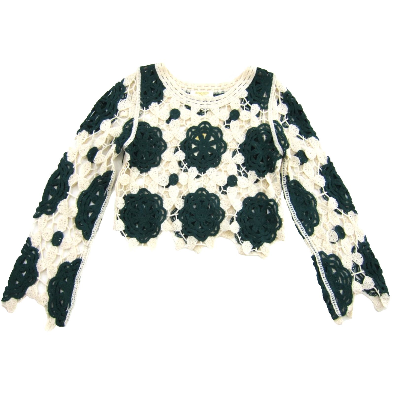 Vintage NWT Rebellion Again Green Ivory Floral Crochet Open Knit Cropped Sweater XS Size XS / US 0-2 / IT 36-38 - 2 Thumbnail