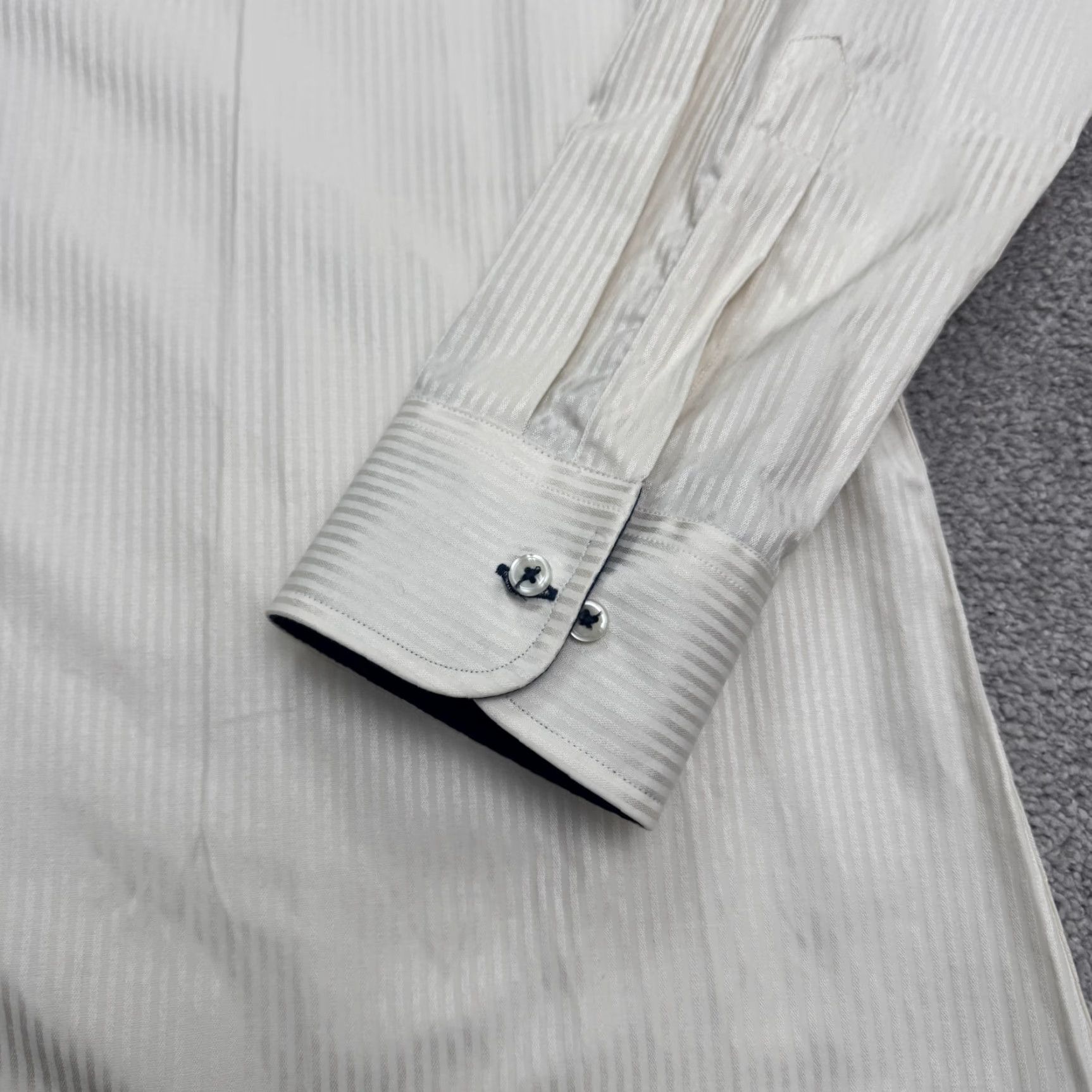 Vintage Parllieni Dress Shirt Mens 17.5 Ivory Striped Cotton Blend Slim Fit Business Casual Work Size 46R - 4 Thumbnail