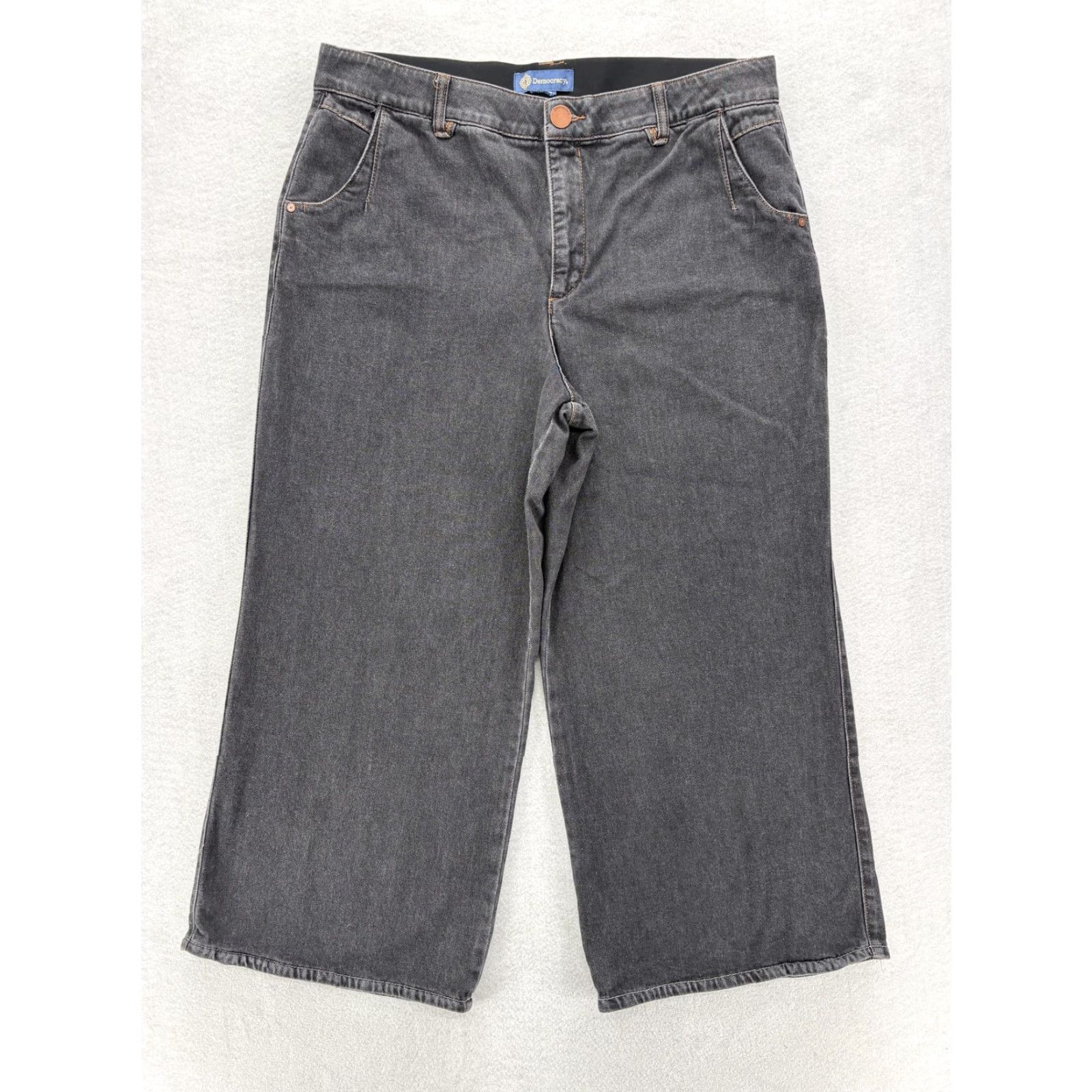 Vintage Democracy Jeans Womens 16P Gray Denim Wide-Leg Petites High Rise 27in Inseam Elastic Waist Pockets Button Zip Stretch Cotton Polyester Spandex Size 38" / US 16 / IT 52 - 2 Thumbnail
