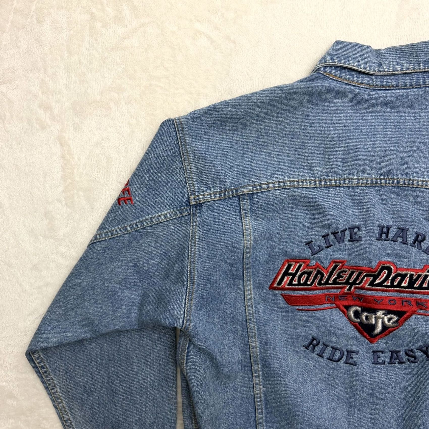 Harley Davidson VINTAGE Harley-Davidson NY Jacket Mens Large Blue Denim Cafe Embroidered 90s Regular Lightweight Casual Size US L / EU 52-54 / 3 - 7 Thumbnail