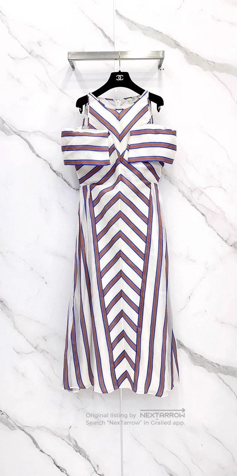 FENDI Striped V-Neck Silk Dress.