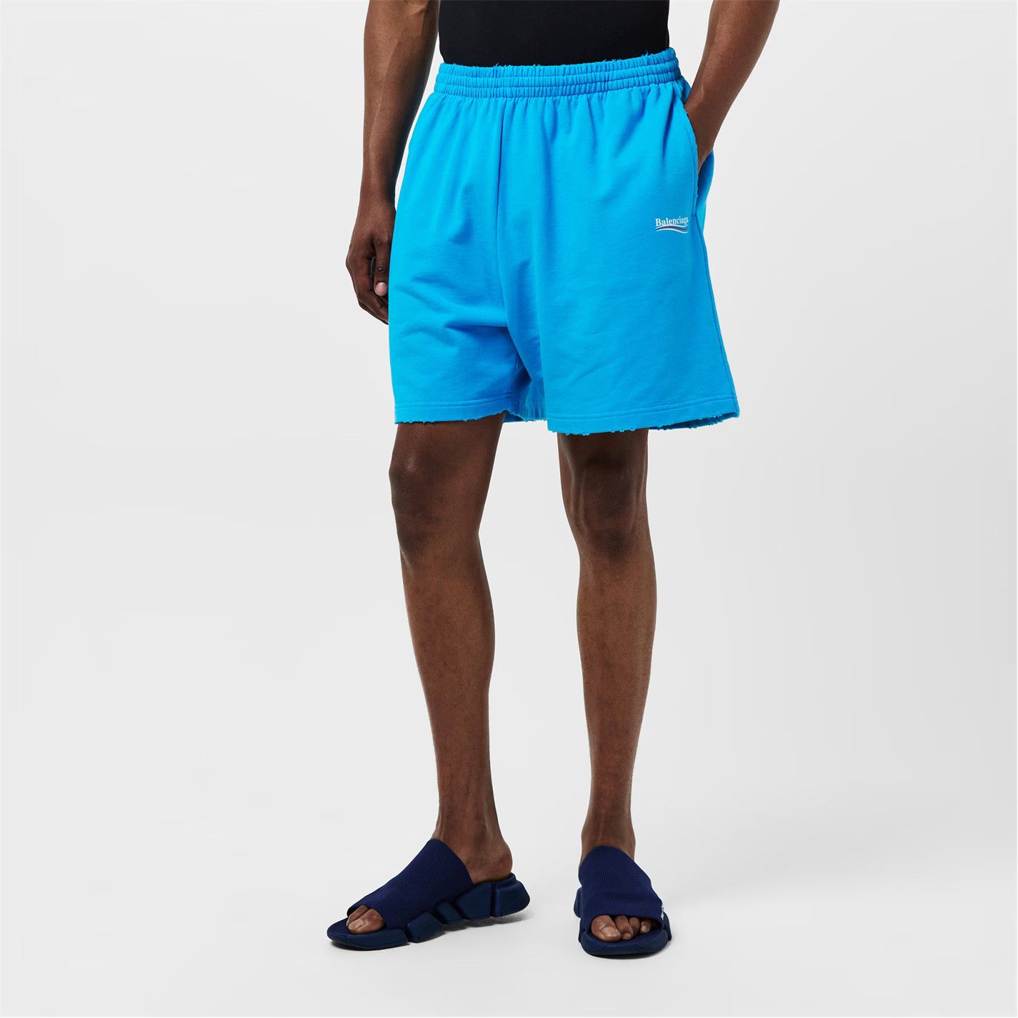 Balenciaga o1g2r1mq0226 Logo Jersey Shorts In Azure Blue Size US 28 / EU 44 - 3 Thumbnail