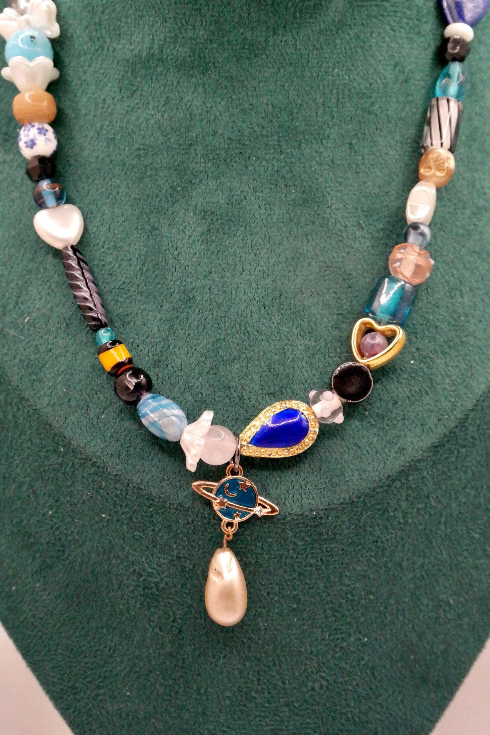 Handmade Blue & Gold Saturn Beaded Necklace Size ONE SIZE - 1 Thumbnail