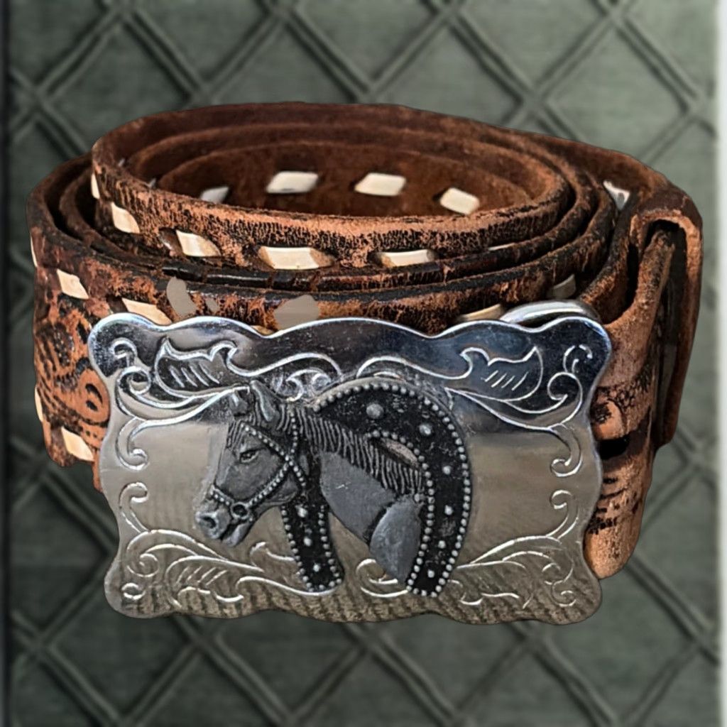 Vintage VINTAGE Western Belt Horse Theme Hand Tooled Buckstitch Leather Belt Men 40 Brown Leather Horses Mens Belt Size 40 - 1 Thumbnail