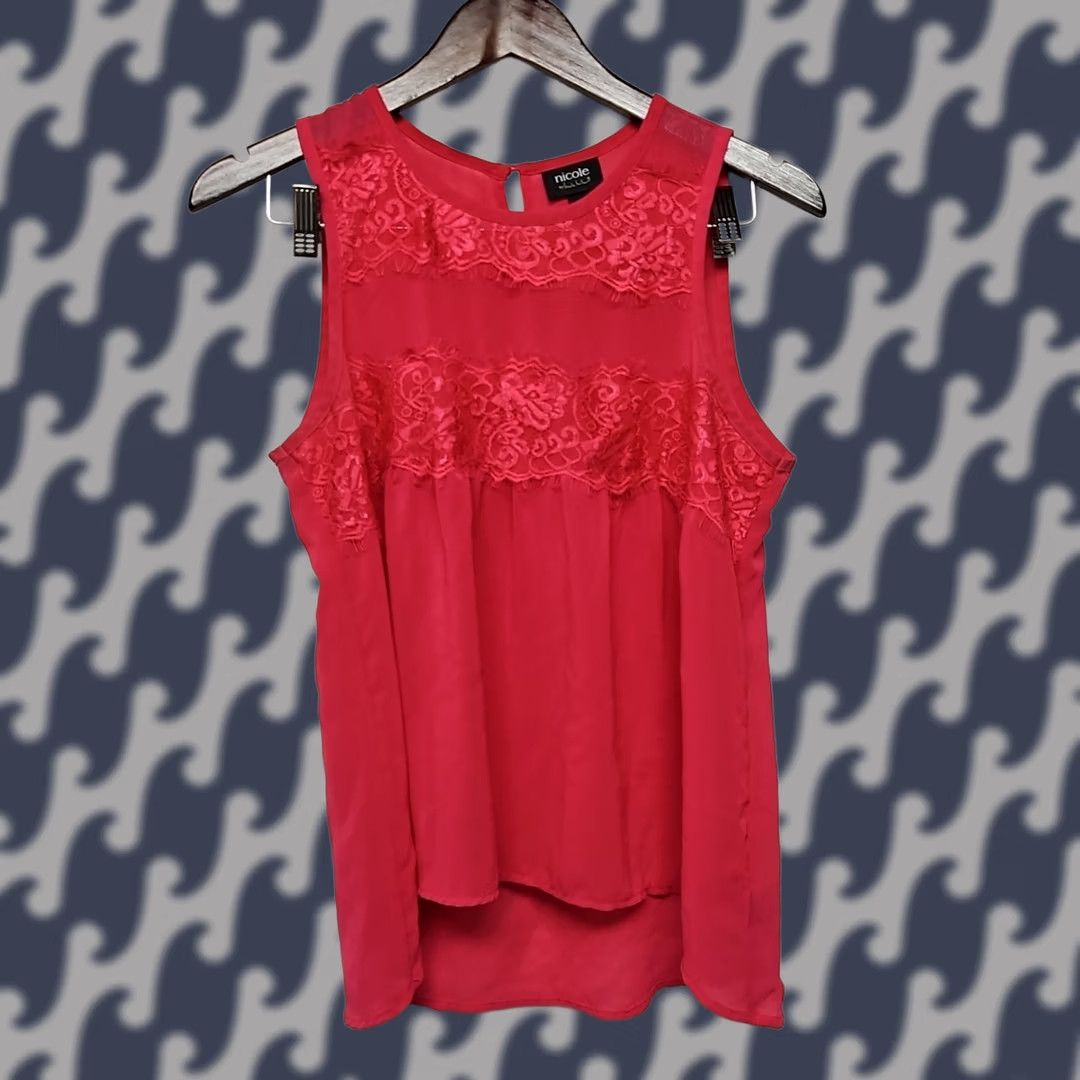 Nicole Miller Nicole Miller Blouse Shirt Women M Pink Lace Chiffon Sleeveless High Crew Camisole Feminine FlowY Body Size M / US 6-8 / IT 42-44 - 1 Thumbnail