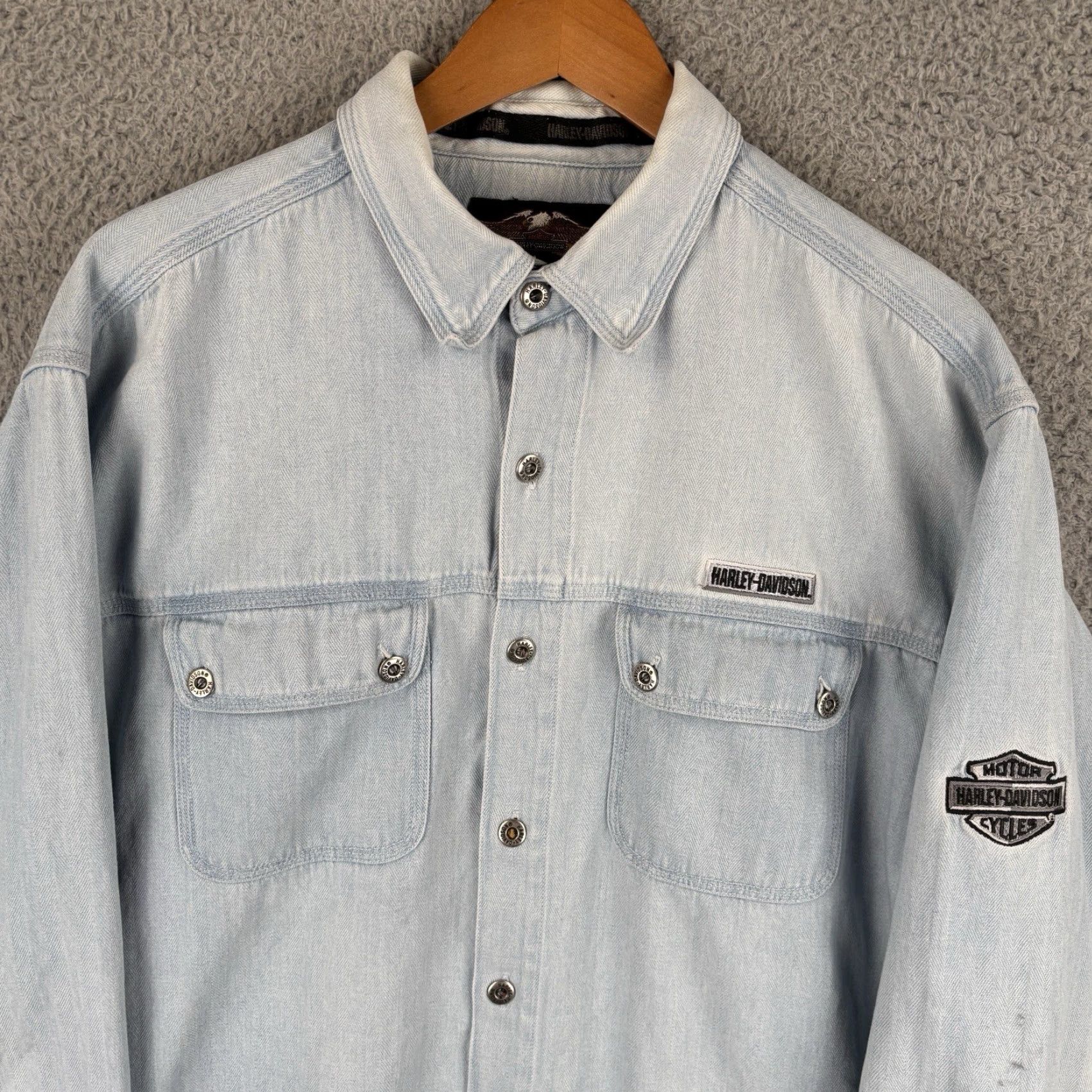 Harley Davidson VINTAGE Harley-Davidson Denim Shirt Mens L Blue 90s Patch Embroidered Button-Up Size US L / EU 52-54 / 3 - 2 Thumbnail
