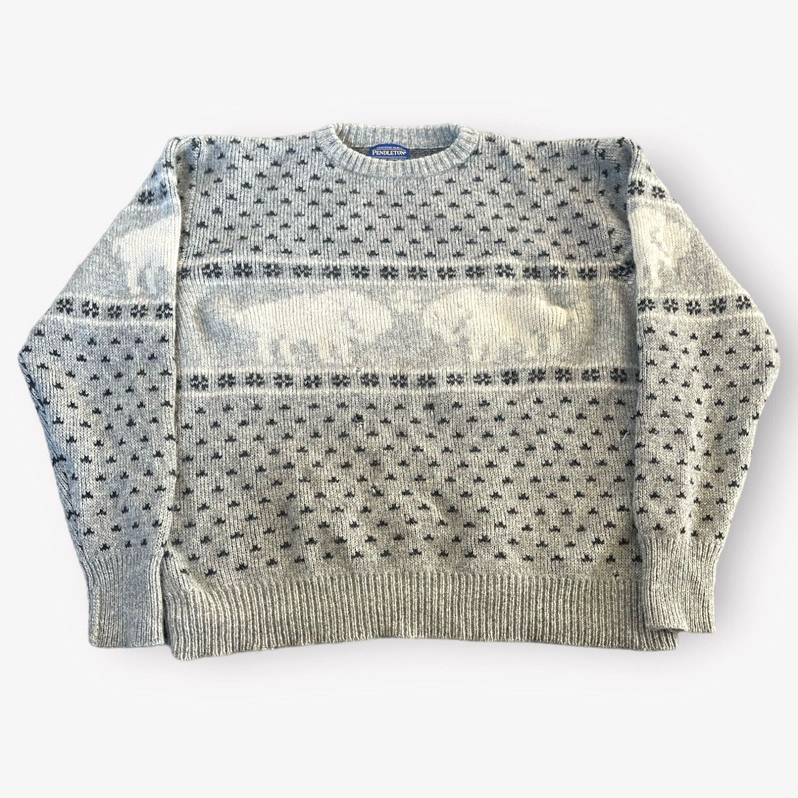 image of Pendleton Sweater Shetland Size XL Double Buffalo Crewneck 100% Wool Knit in White, Men's