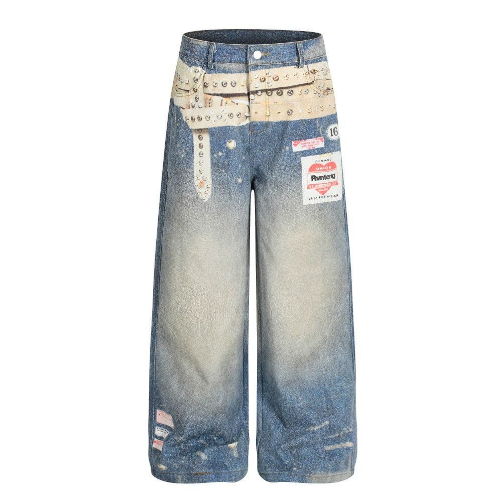 Jean Men's distressed washed loose digital print wide-leg jeans Size US 32 / EU 48 - 1 Thumbnail