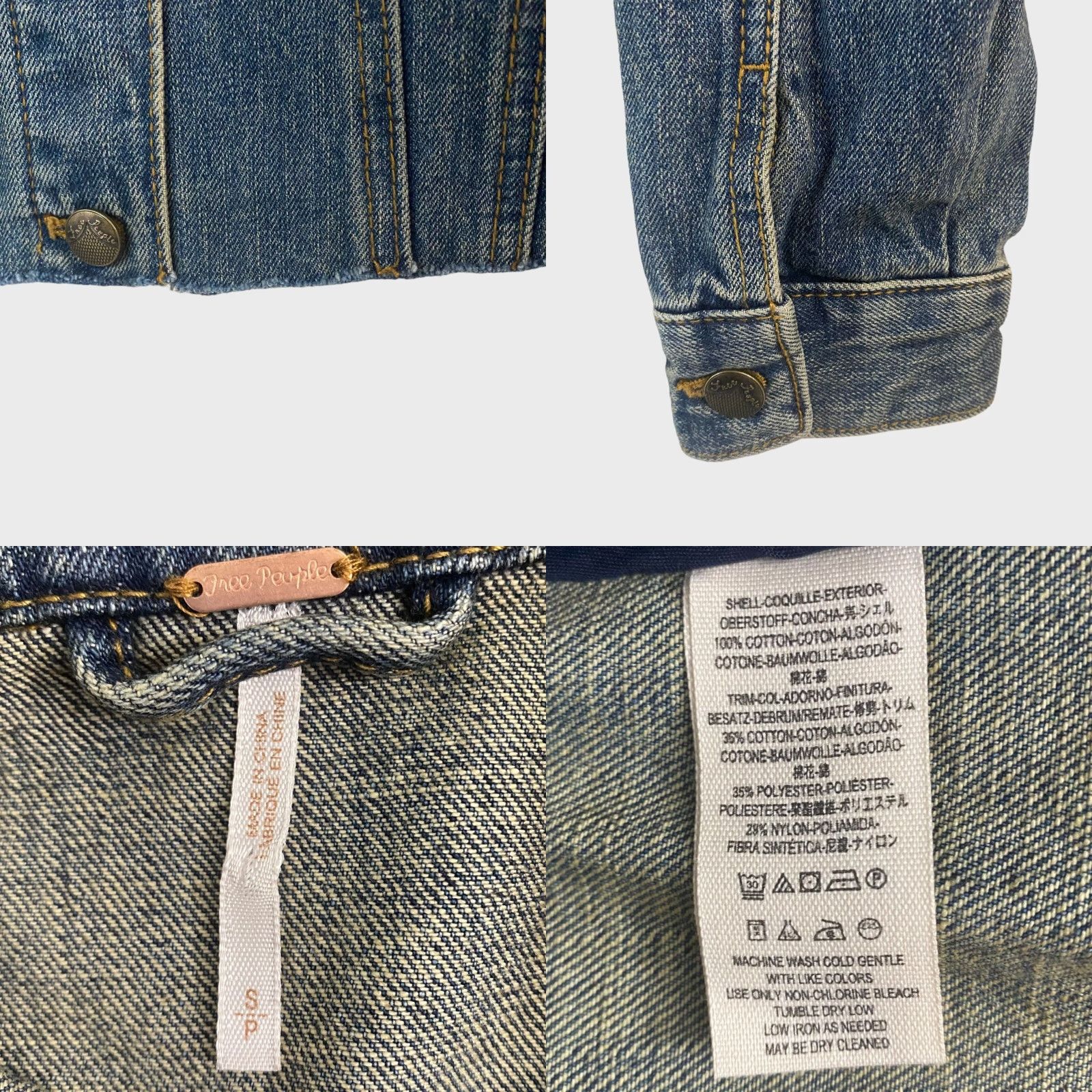 Free People VINTAGE Free People Jean Jacket Womens Small Blue Denim Lace Panel Button Front Cropped Size 28" / US 6 / IT 42 - 8 Thumbnail