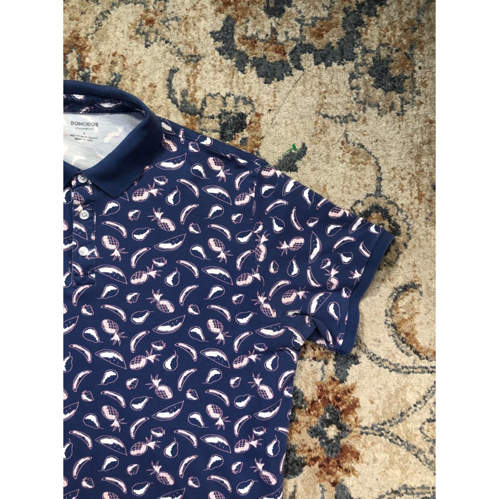 Bonobos Bonobos Polo Shirt Mens L Blue Tropical Fruit Print Short Sleeve Stretch Polo Shirt Casual Summer 98% Cotton 2% Spandex Regular Fit Graphic Print Size US L / EU 52-54 / 3 - 4 Thumbnail
