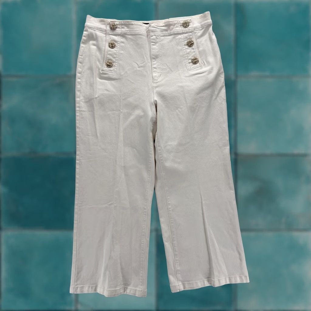 Ann Taylor VINTAGE? No. Ann Taylor White Wide Leg Crop Pants 12P Petite Women White Twill High Rise Sailor Cropped Pants with Pockets Stretch Size 34" / US 12 / IT 48 - 1 Thumbnail