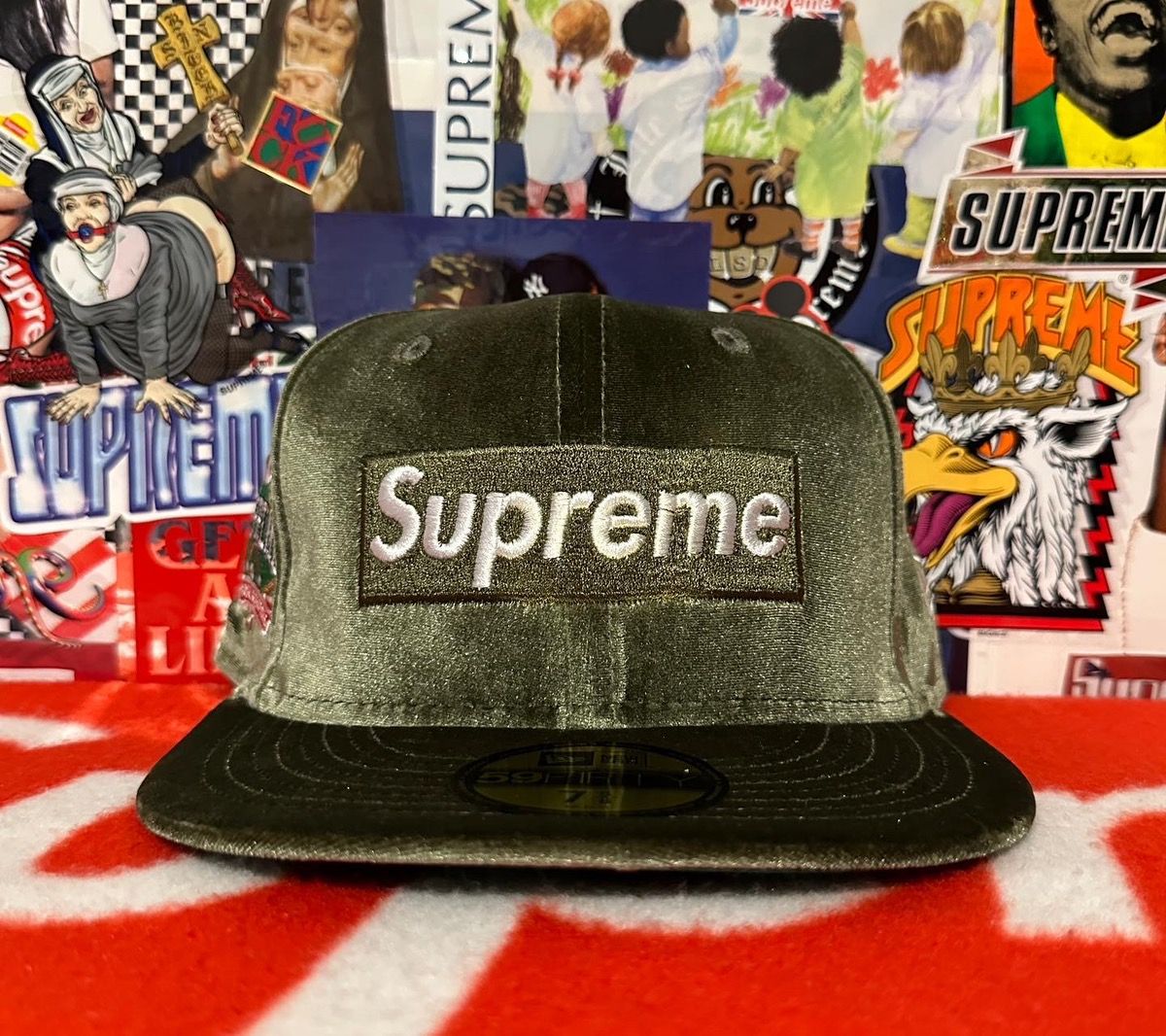 Supreme FW22 Supreme New Era Velour Box Logo Hat Cap Olive 7 5/8 