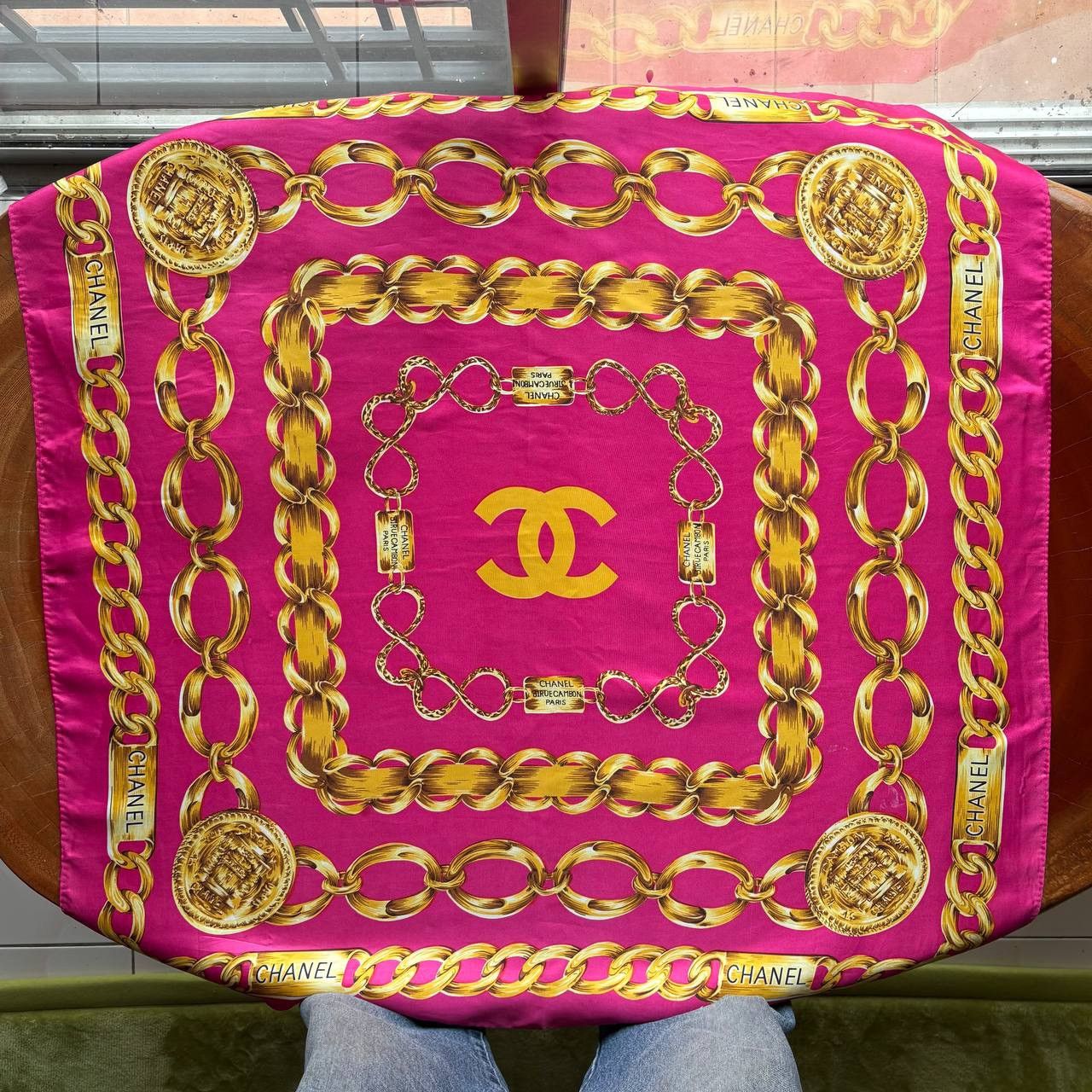 Chanel Vintage Chanel Pink Silk Scarf Gold Chain Link Pattern Size ONE SIZE - 1 Thumbnail