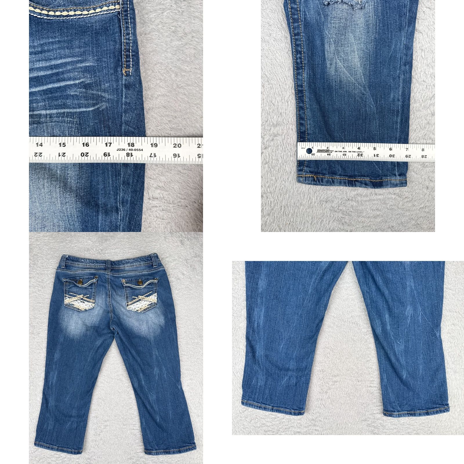 Vintage No Boundaries Jeans Capri Juniors 15 Blue Denim Low Rise 20in Inseam 30x20 Embroidered Distressed 5-Pocket Denim Cotton Blend Womens Jeans Size 36" / US 14 / IT 50 - 9 Thumbnail