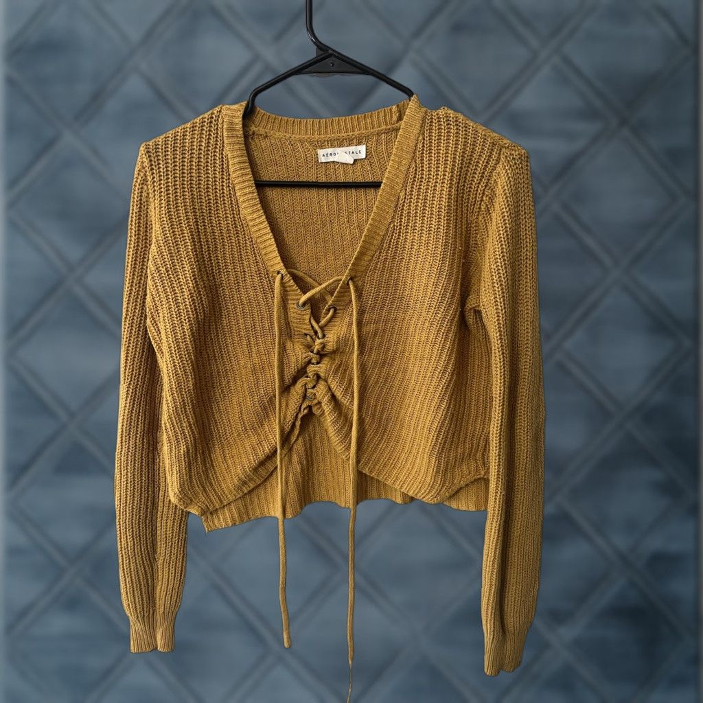 Vintage Aero Aeropostale Yellow Tie Front Blouse Women's XS Cropped Scoop Neck Long Sleeve Cotton Top Size XS / US 0-2 / IT 36-38 - 1 Thumbnail