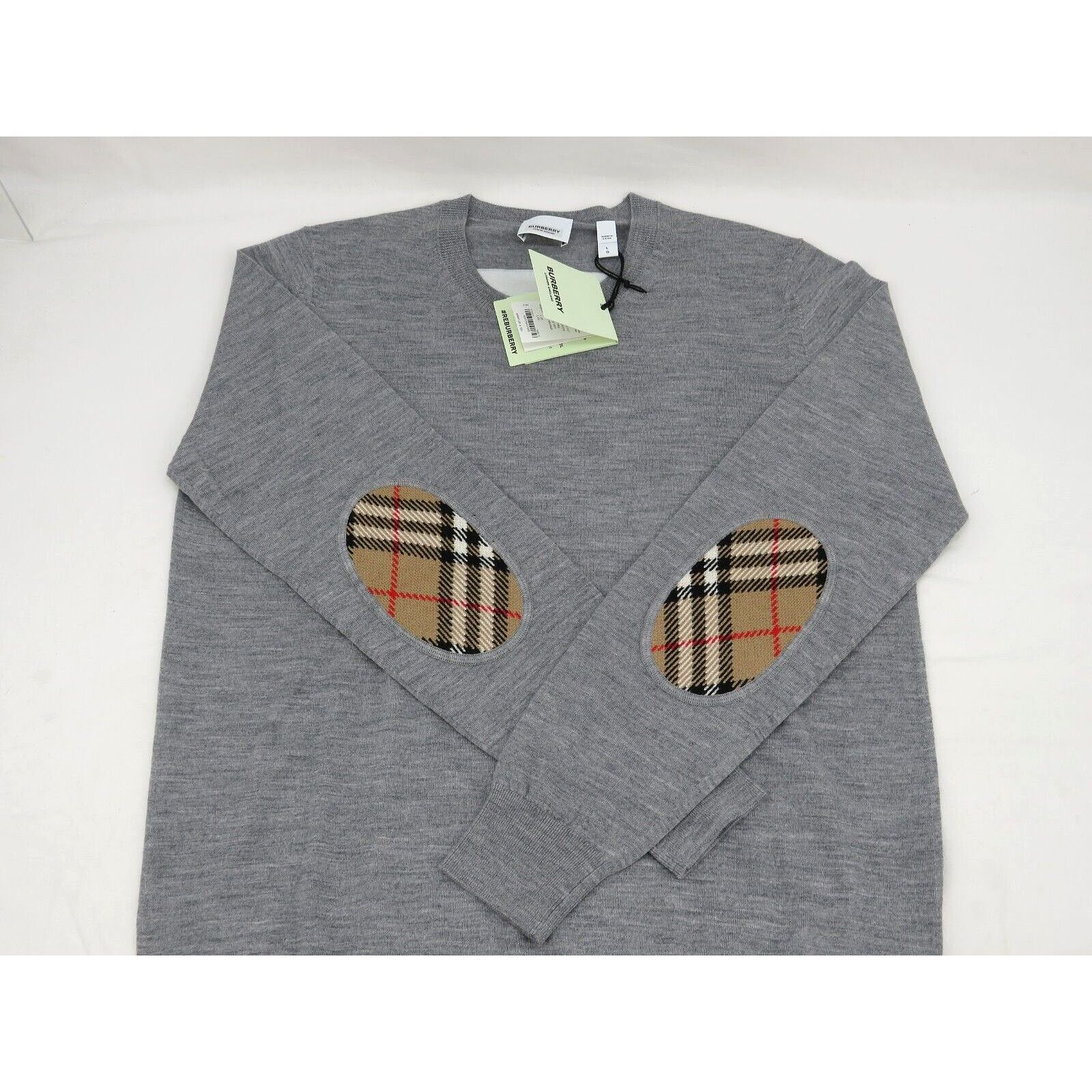 Burberry BEMPTON GRAY WOOL ELBOW CHECK PATCHES PULLOVER SWEATER L Size L / US 10 / IT 46 - 7 Thumbnail