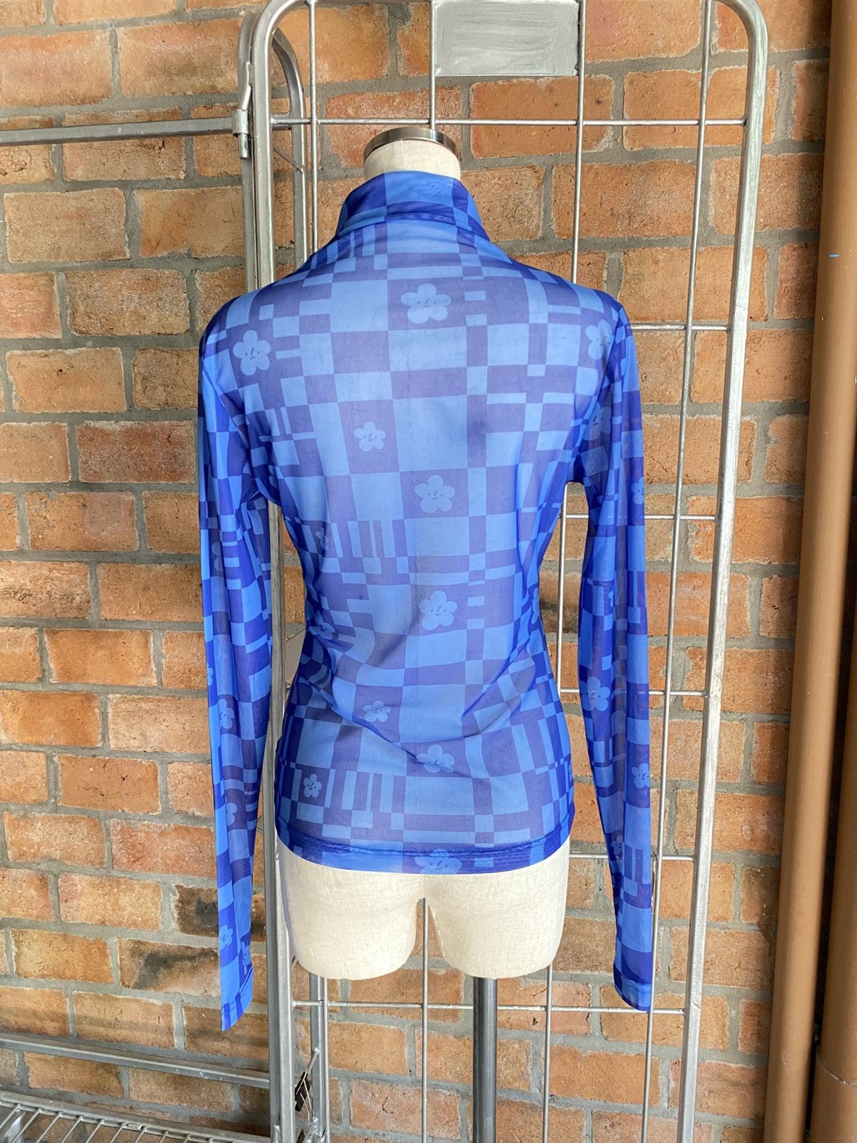 Japanese Brand Blue Sheer Checkered Floral Turtleneck Top Size S / US 4 / IT 40 - 14 Thumbnail