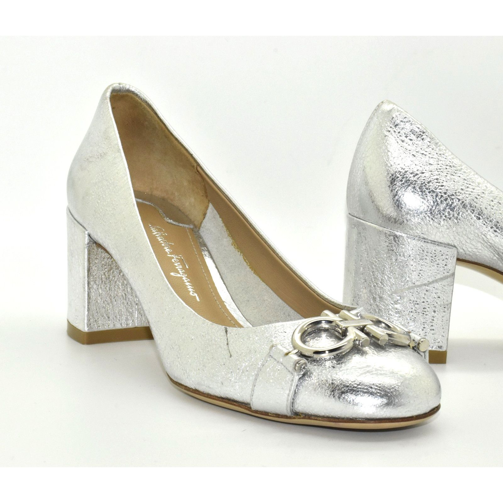 Salvatore Ferragamo SALVATORE FERRAGAMO Silver Tumble Leather Pumps Size 4C Size US 4 / IT 34 - 3 Thumbnail