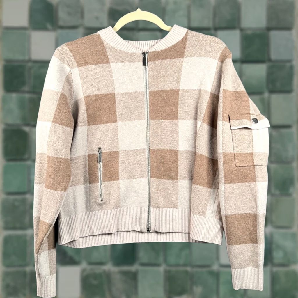 Cynthia Rowley Cynthia Rowley Knit Sweater Jacket Buffalo Plaid Zip-Up - Beige Tan Cream, Crew Neck, Full Zip, Pockets, Long Sleeve, Casual Workwear, M Womens Size M / US 6-8 / IT 42-44 - 1 Thumbnail