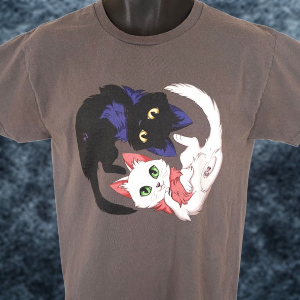 Vintage Yin Yang Cats T Shirt Mens Size Medium Gray Brown Kawaii Cute Kittens Cat Black Cat Shirt Mens Size US M / EU 48-50 / 2 - 1 Thumbnail