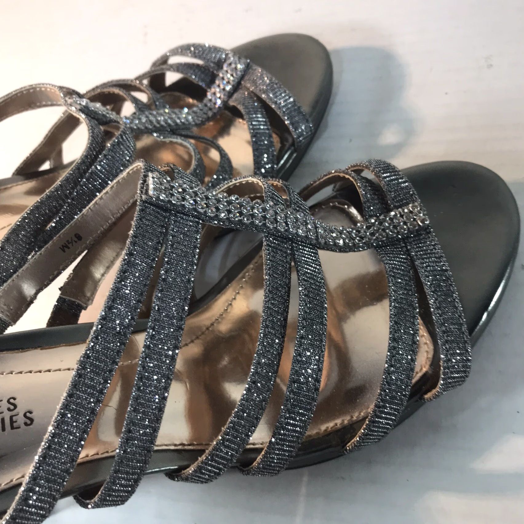 Vintage Mootsies Tootsies Silver Strappy High Heels Womens Size 8.5M Open Toe Glitter Rhinestone Cocktail Formal Size US 8.5 / IT 38.5 - 4 Thumbnail