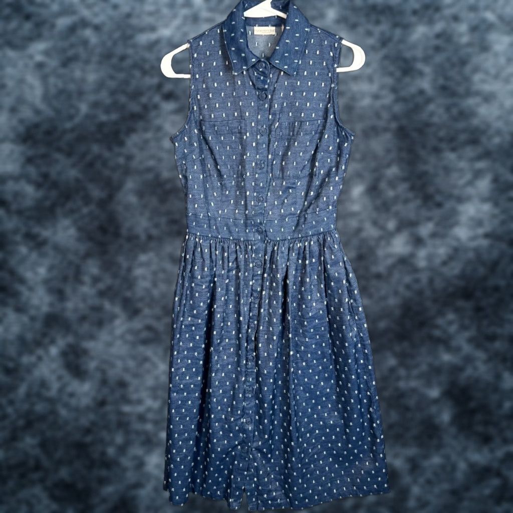 Vintage Eva Mendes Dress Womens Size 0 Blue Sleeveless Collared Button-Front Midi Fit & Flare Cotton Blend Vintage/Used Women’s Dress Size XS / US 0-2 / IT 36-38 - 1 Thumbnail