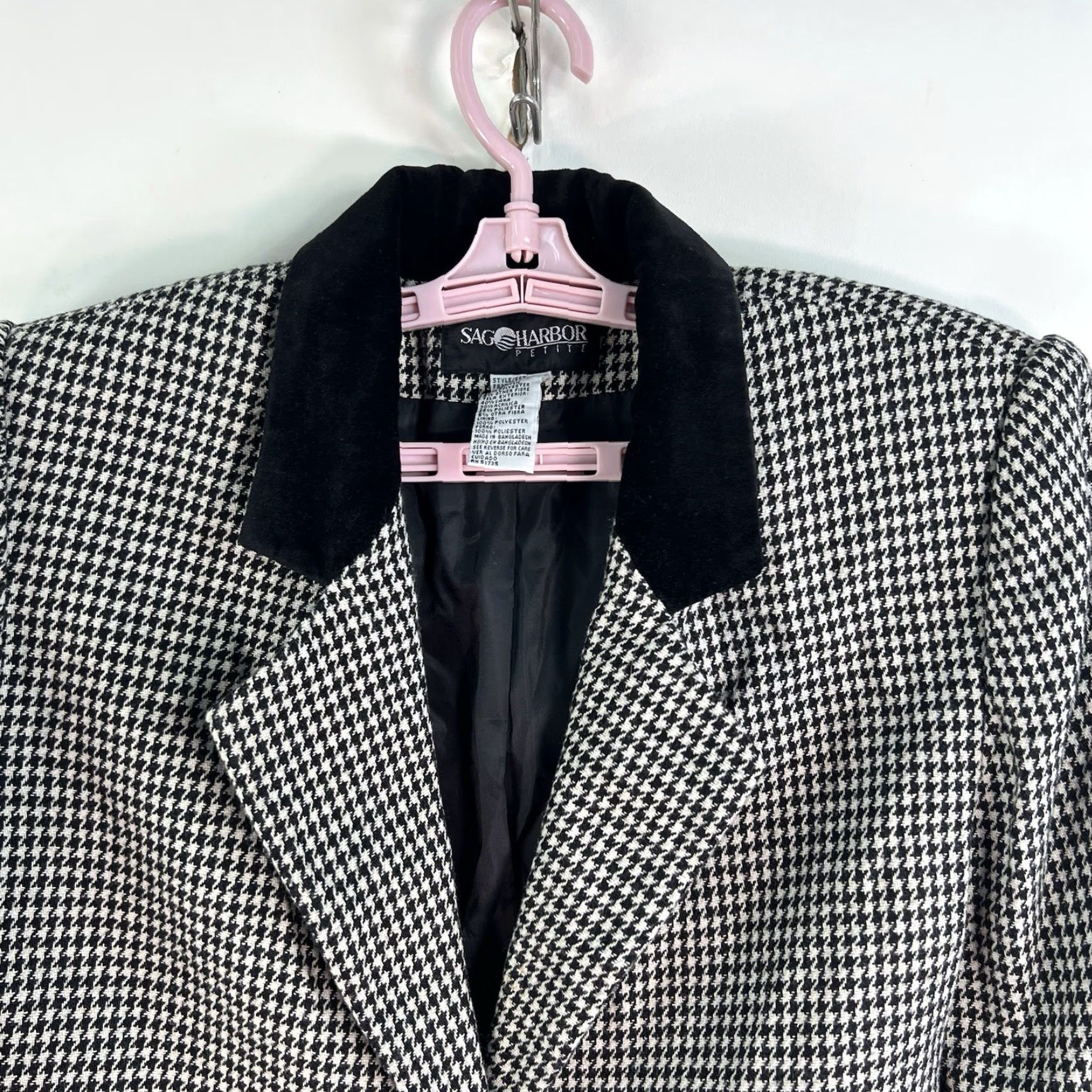 VINTAGE Sag Harbor Blazer Jacket Wool Blend Black White Velvet Collar Women 8P Houndstooth Button Mid-Length Long Sleeve Tailored 90s
