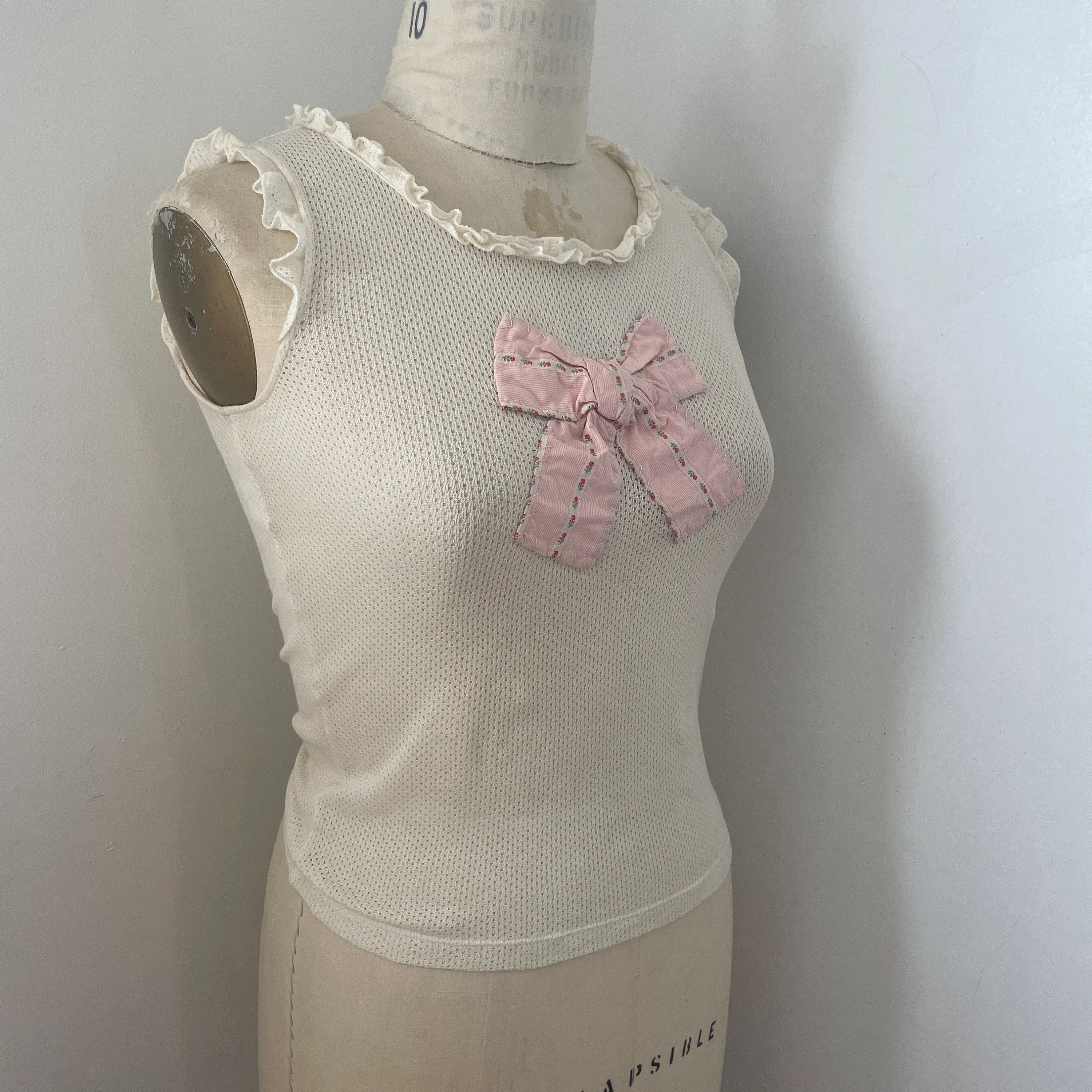 Moschino Moschino bow cream mesh jersey frilly tank top cotton shirt Size M / US 6-8 / IT 42-44 - 2 Thumbnail