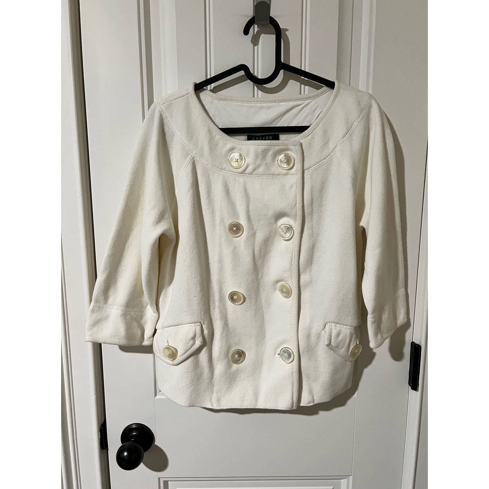 Ralph Lauren Women's Ivory White Linen Blend Peacoat 3/4 Sleeves Jacket M Size M / US 6-8 / IT 42-44 - 2 Thumbnail
