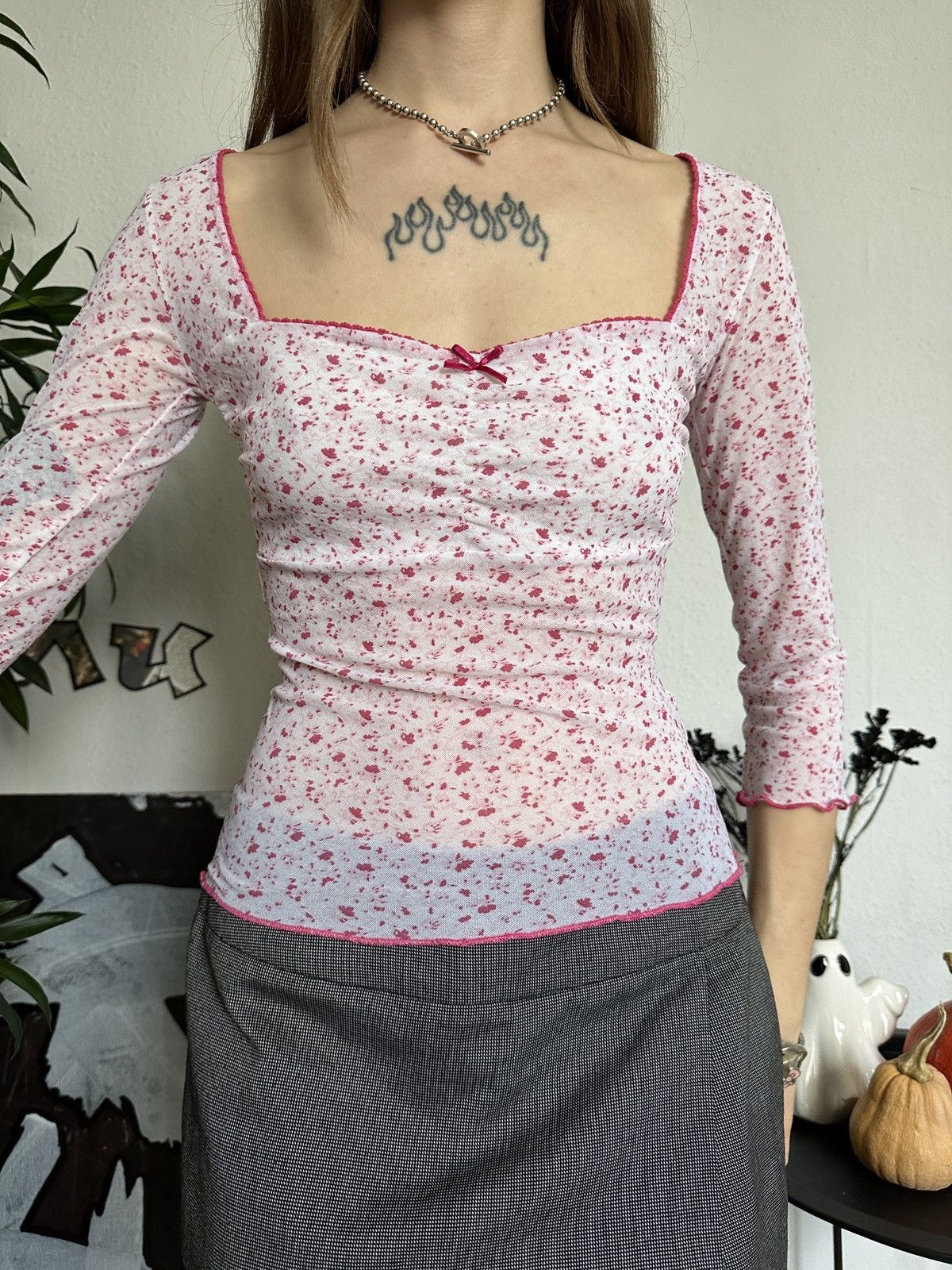 Japanese Brand × Vintage Baby Doll Cute Coquette Mesh Blouse Floral Top 3/4 Sleeve Size XS / US 0-2 / IT 36-38 - 7 Thumbnail