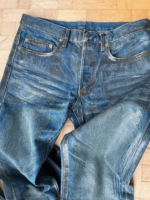 Image of Dior Homme Clawmark Luster Waxed Jeans Denim in Blue, Men's (Size 30)