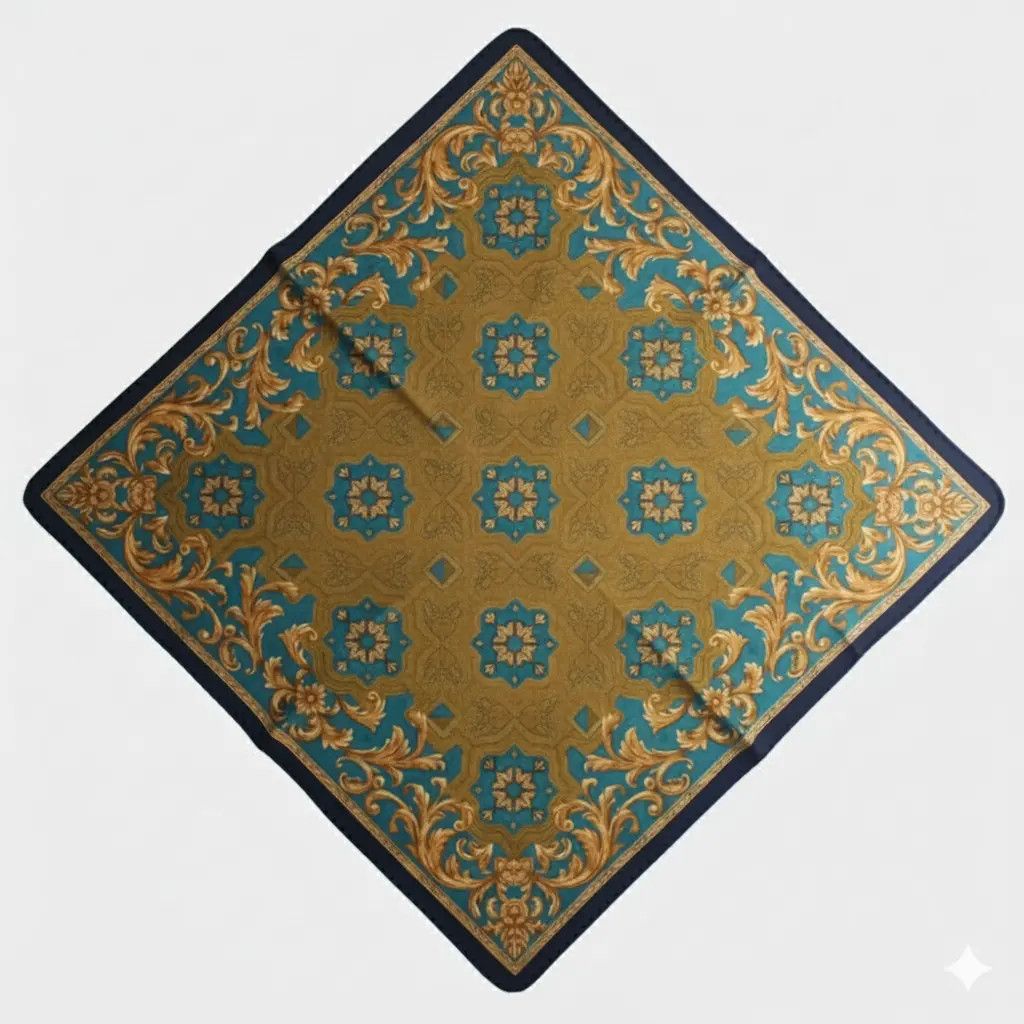 Vintage Vintage Trussardi Silk Scarf Baroque Crest Print Gold Teal Size ONE SIZE - 1 Thumbnail