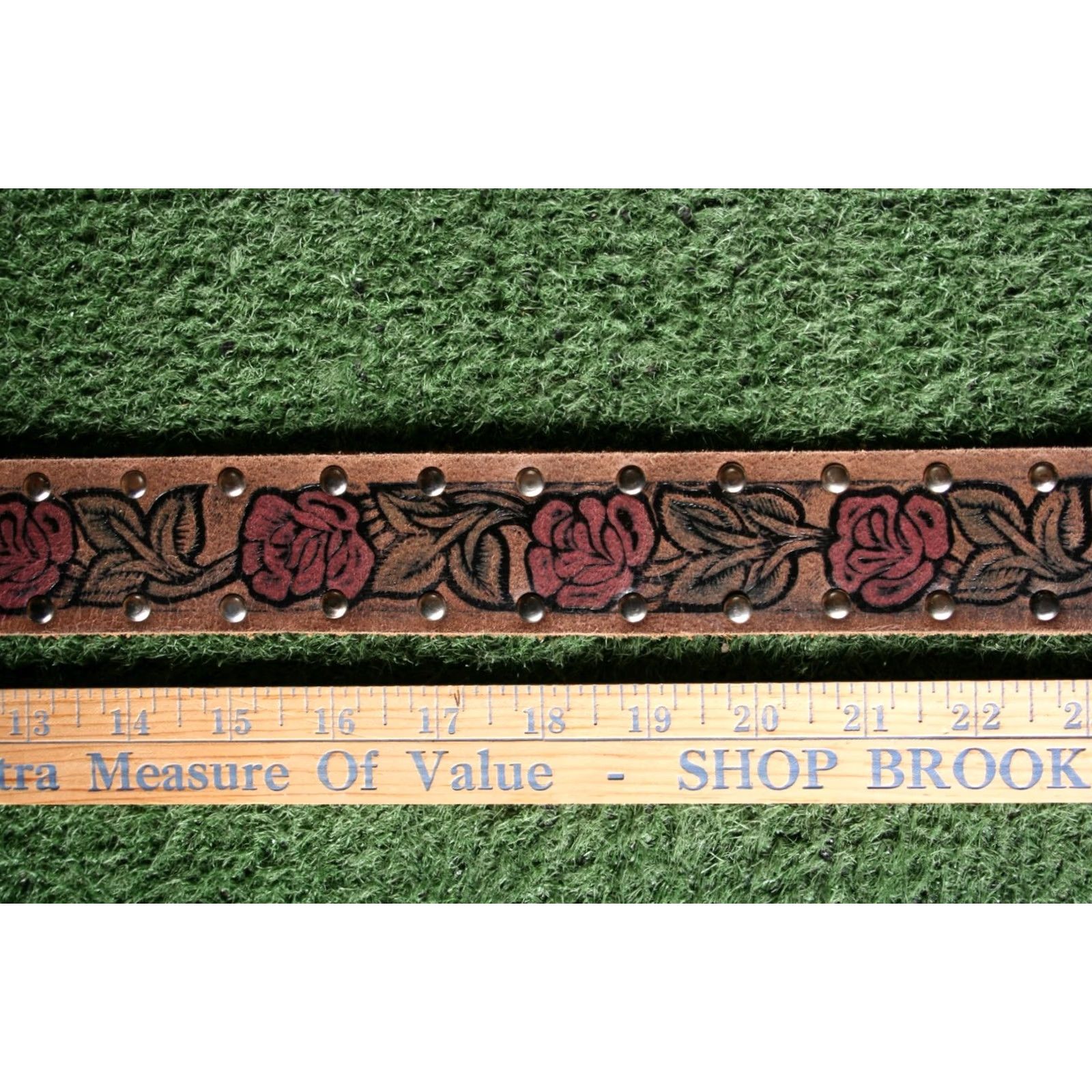 Vintage Floral Embossed Studded Leather Belt w/Attached Buckle Women's Sz. M (32-34) Brown Leather Belt Women Medium Floral Studded Belt Size ONE SIZE - 3 Thumbnail