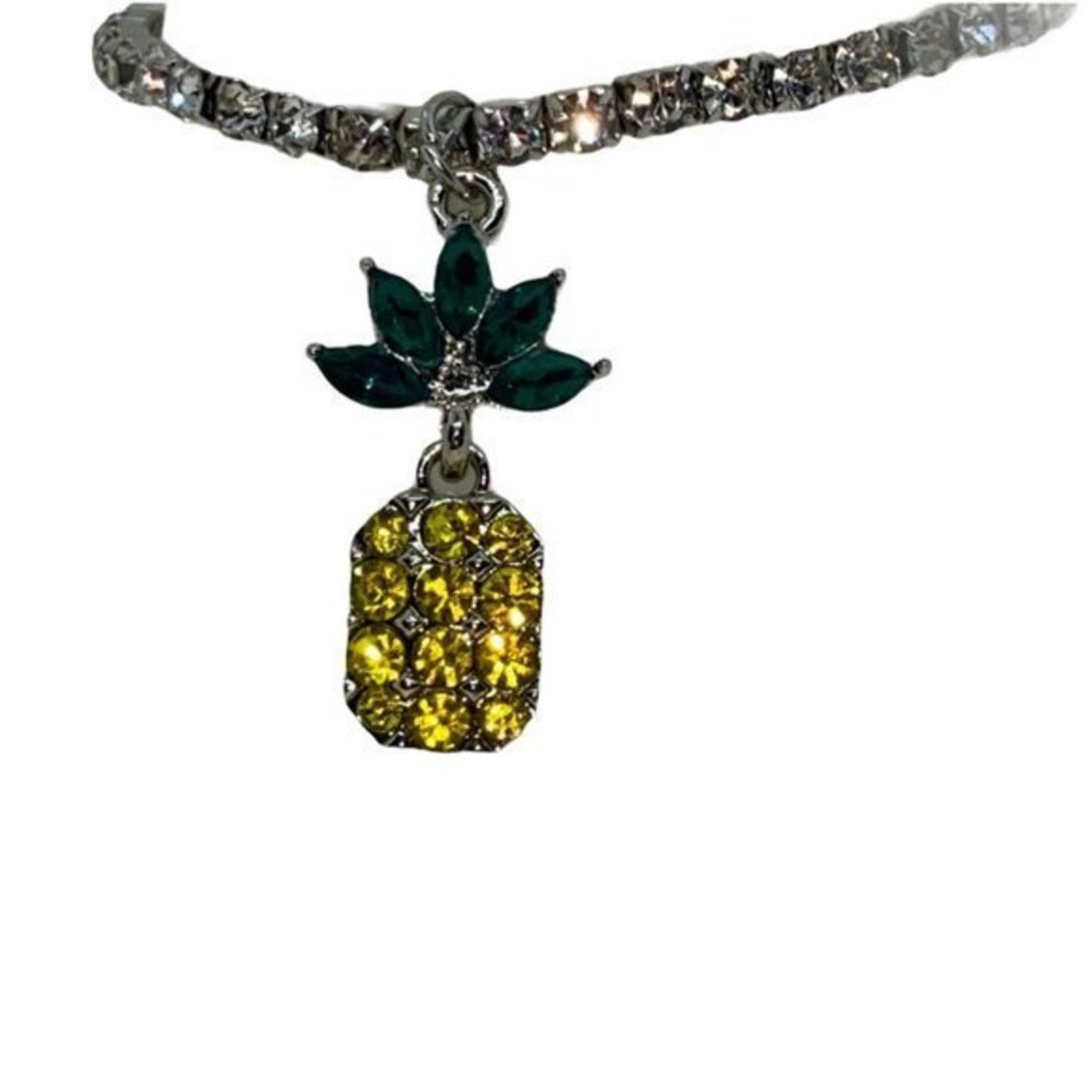 Boutique Moschino Silver Green Yellow Pineapple Rhinestone Stretch Bracelet Size ONE SIZE - 2 Thumbnail