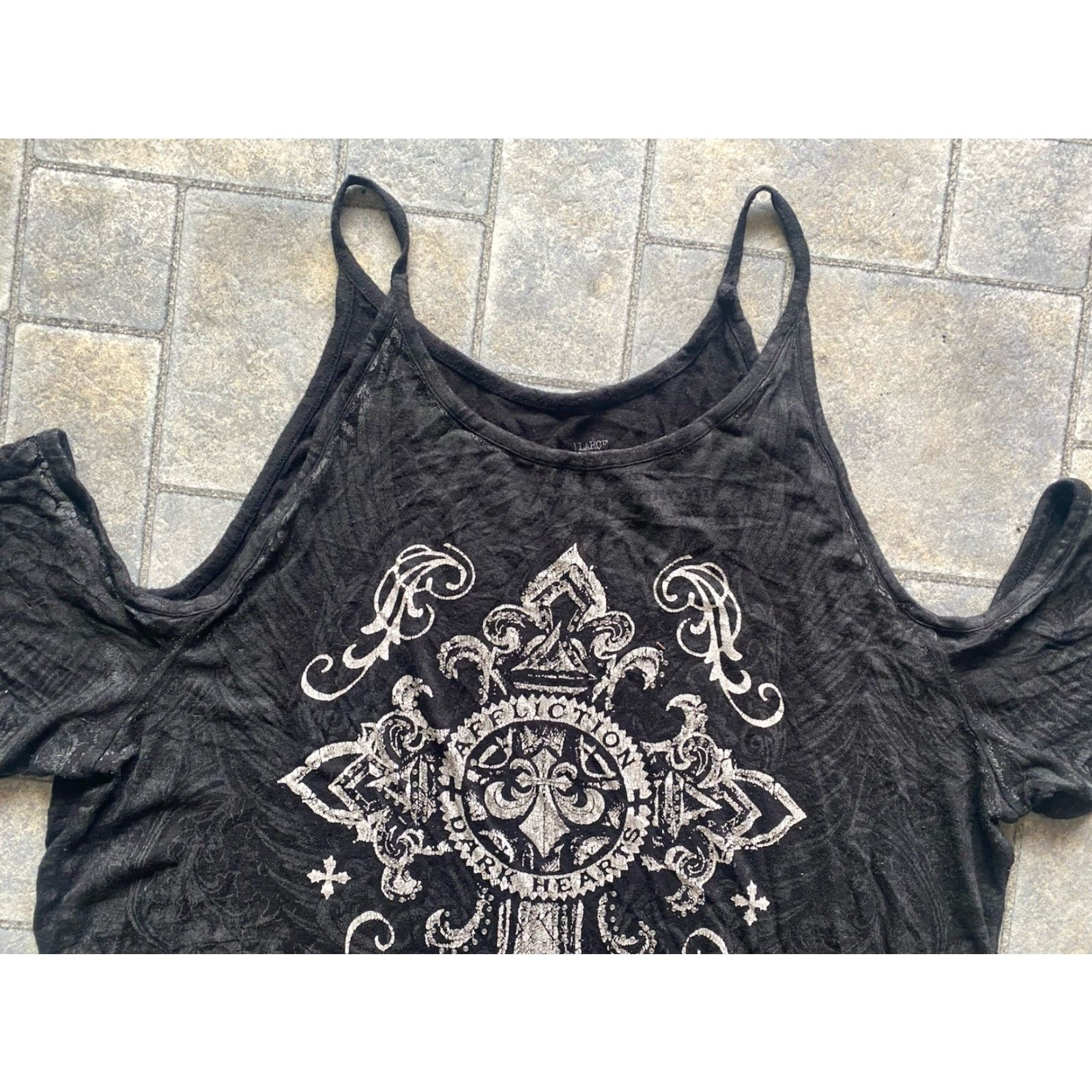 Affliction VINTAGE Affliction Live Fast WOMENS Blouse Off Shoulder Tank Shirt Black L Womens Dark Hearts Cross Rhinestone Contour Fleur-de-lis 90s / 2000s Size L / US 10 / IT 46 - 3 Thumbnail
