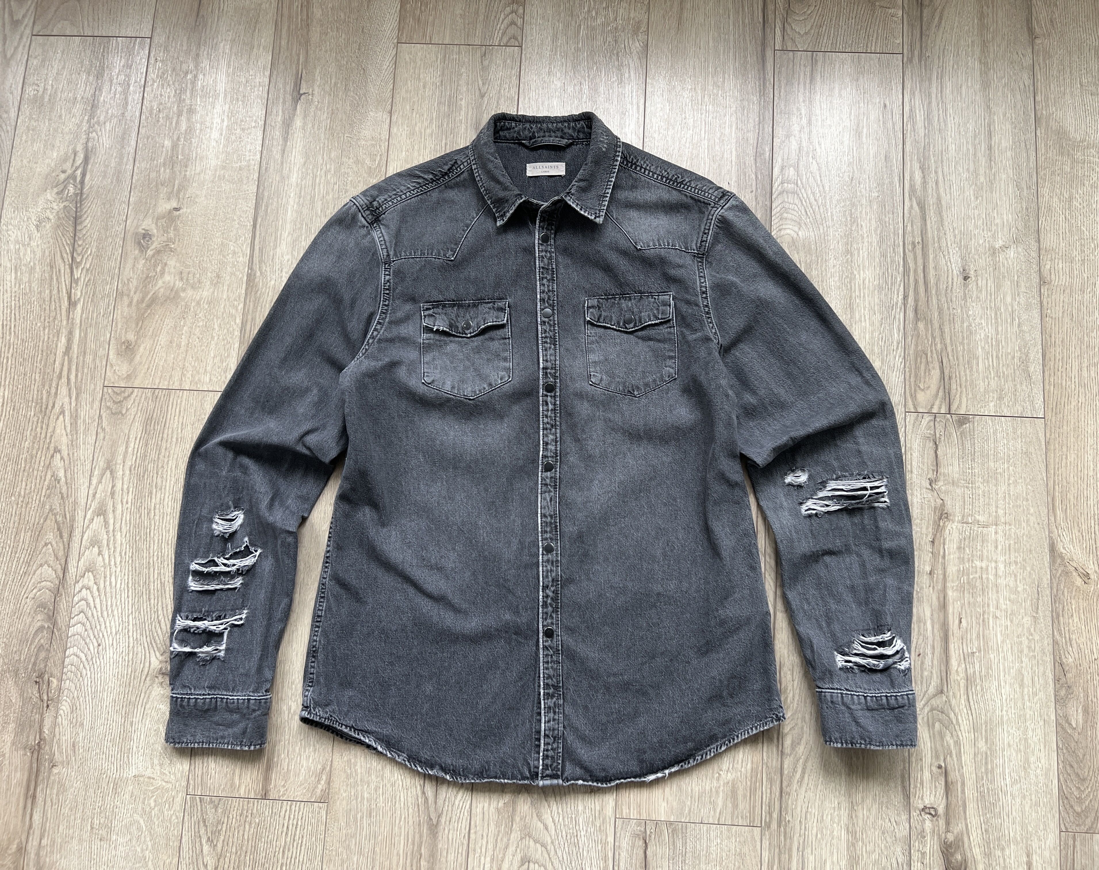 Mens Beegan Denim Style Gray Cotton Distressed Shirt