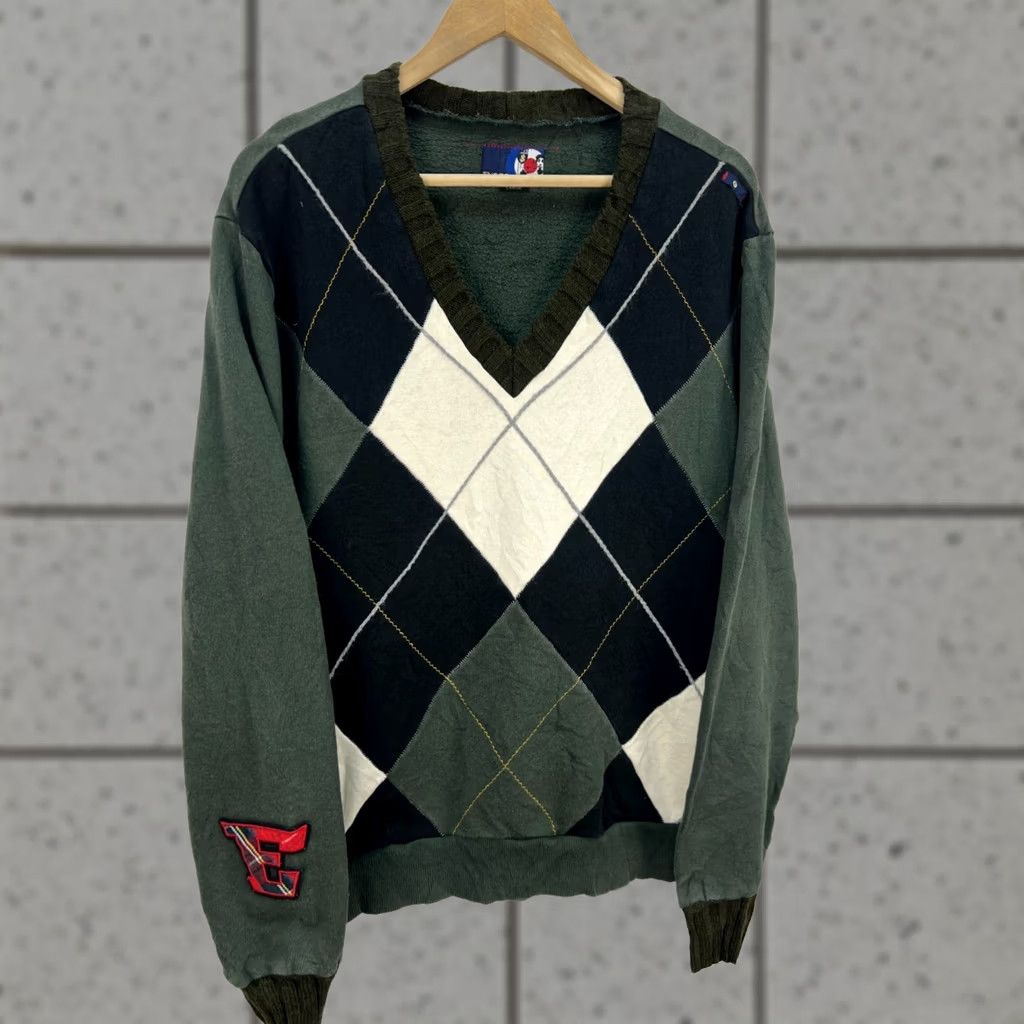 Energie Vintage Energie V-Neck Sweater Mens Large Green Argyle 100% Cotton Logo Patch Size US L / EU 52-54 / 3 - 1 Thumbnail