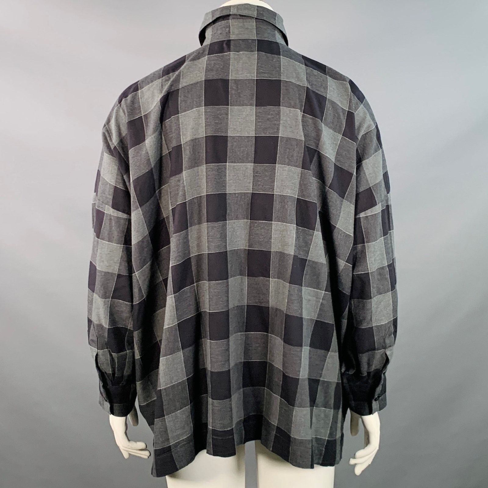 eskandar Black Charcoal Cotton Oversized Checkered Point Collar Shirt Size L / US 10 / IT 46 - 3 Thumbnail