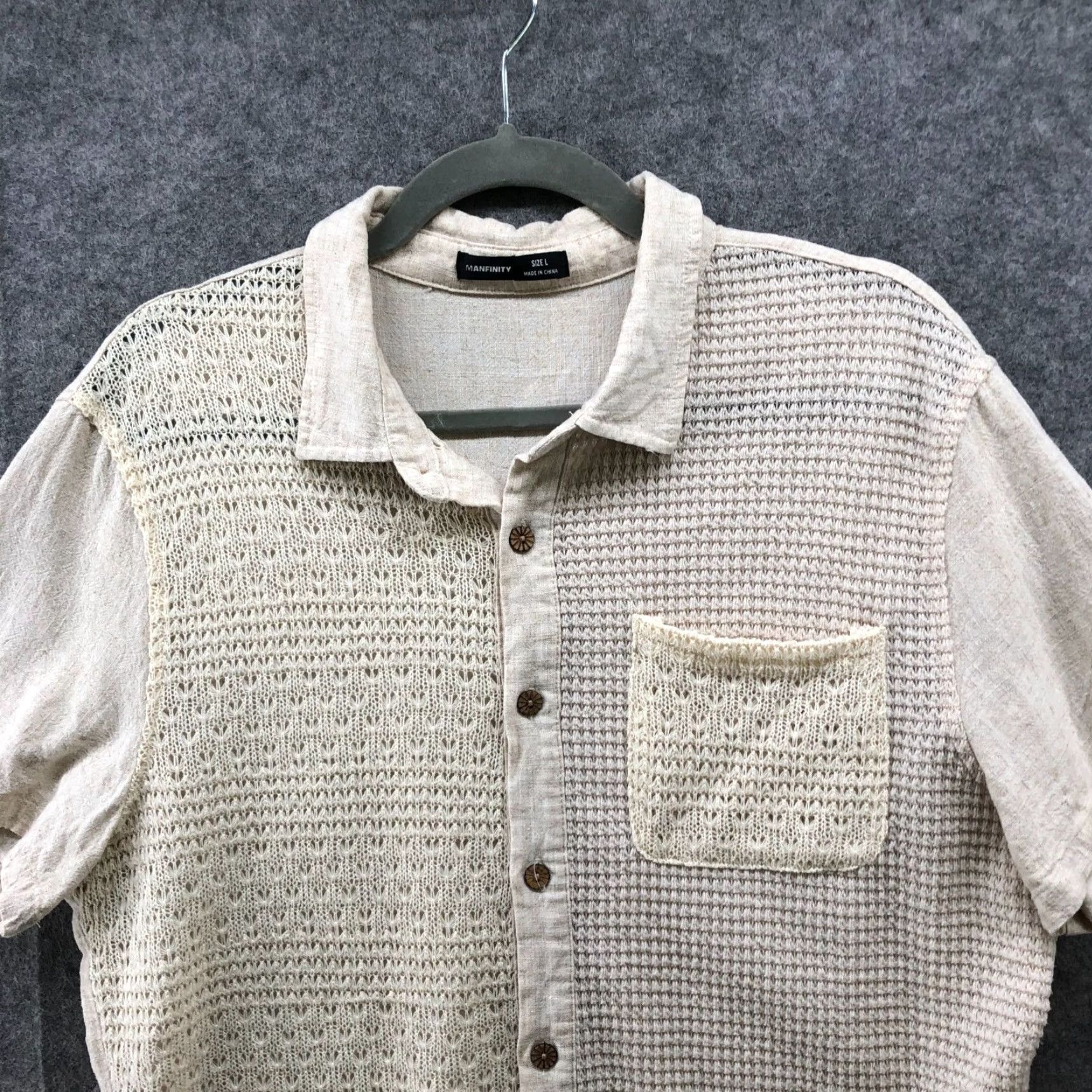 Vintage Manfinity Linen Blend Shirt Mens L Beige Short Sleeve Knit Front Resort Vacation Shirt Size US L / EU 52-54 / 3 - 3 Thumbnail