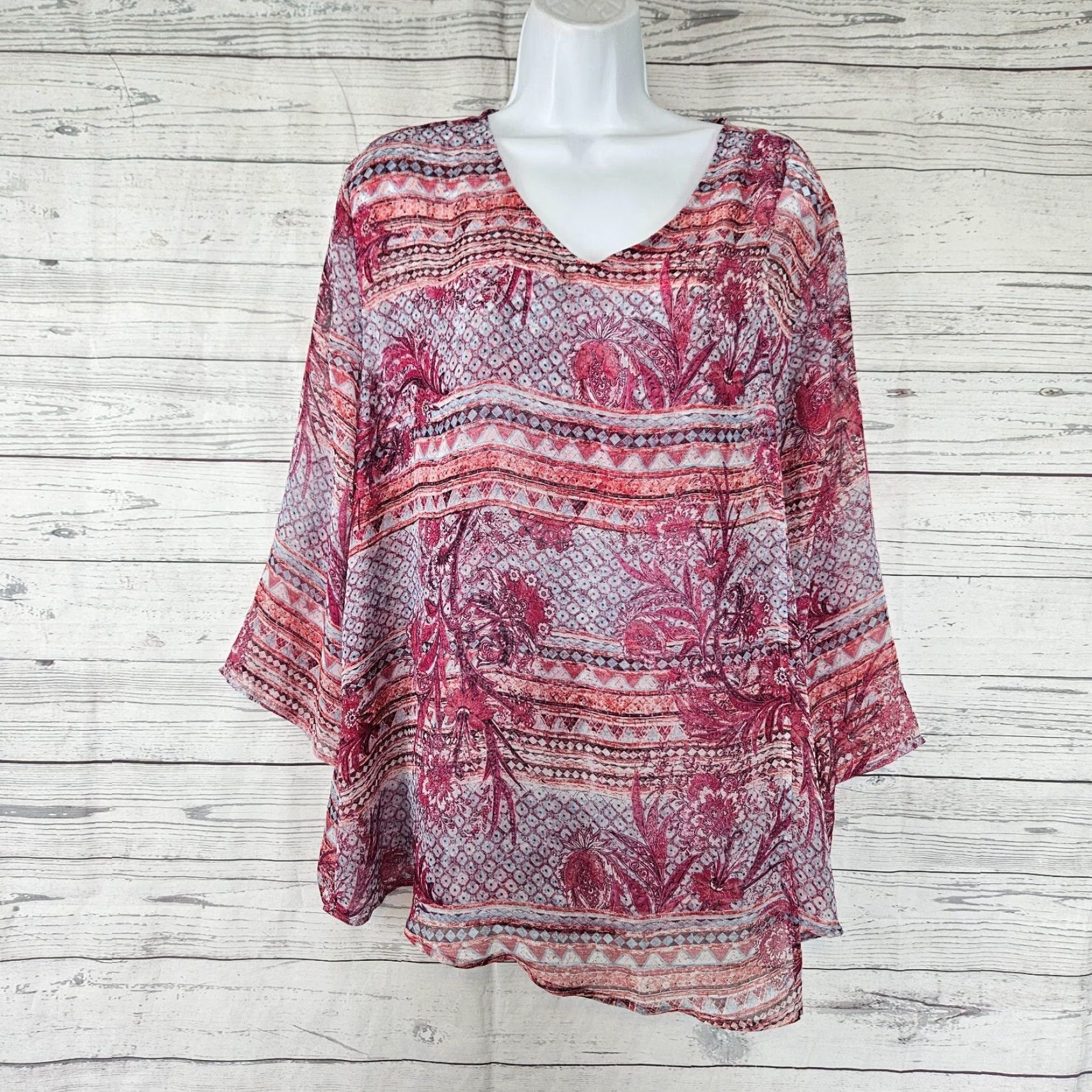 Vintage Chicos Womens Top XL Pink Blue Floral Semi Sheer 3/4 Sleeve Blouse Womens Size XL / US 12-14 / IT 48-50 - 2 Thumbnail