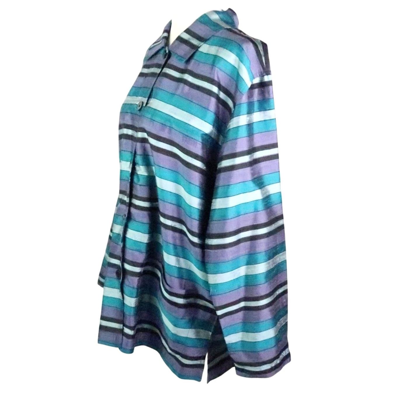 JM Collection VINTAGE JM Collection Jacket Blue Stripe Silk 90s Bohemian Women M Long Sleeve Button Front Casual Workwear Size M / US 6-8 / IT 42-44 - 3 Thumbnail