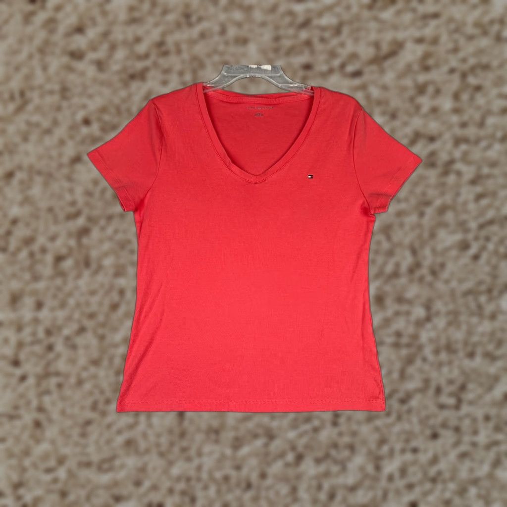 Tommy Hilfiger Tommy Hilfiger Shirt Women Large Pink V-Neck Short Sleeve 100% Cotton Size L / US 10 / IT 46 - 1 Thumbnail
