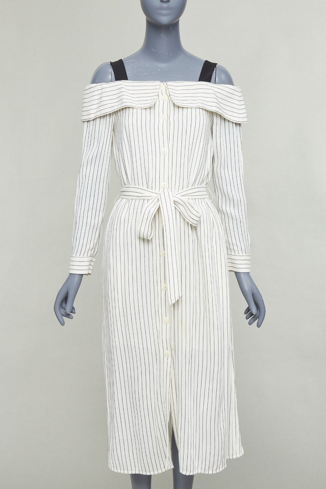 TIBI cream grey pinstriped off shoulder black contrast tie waist dress US4  S - crrs.pl