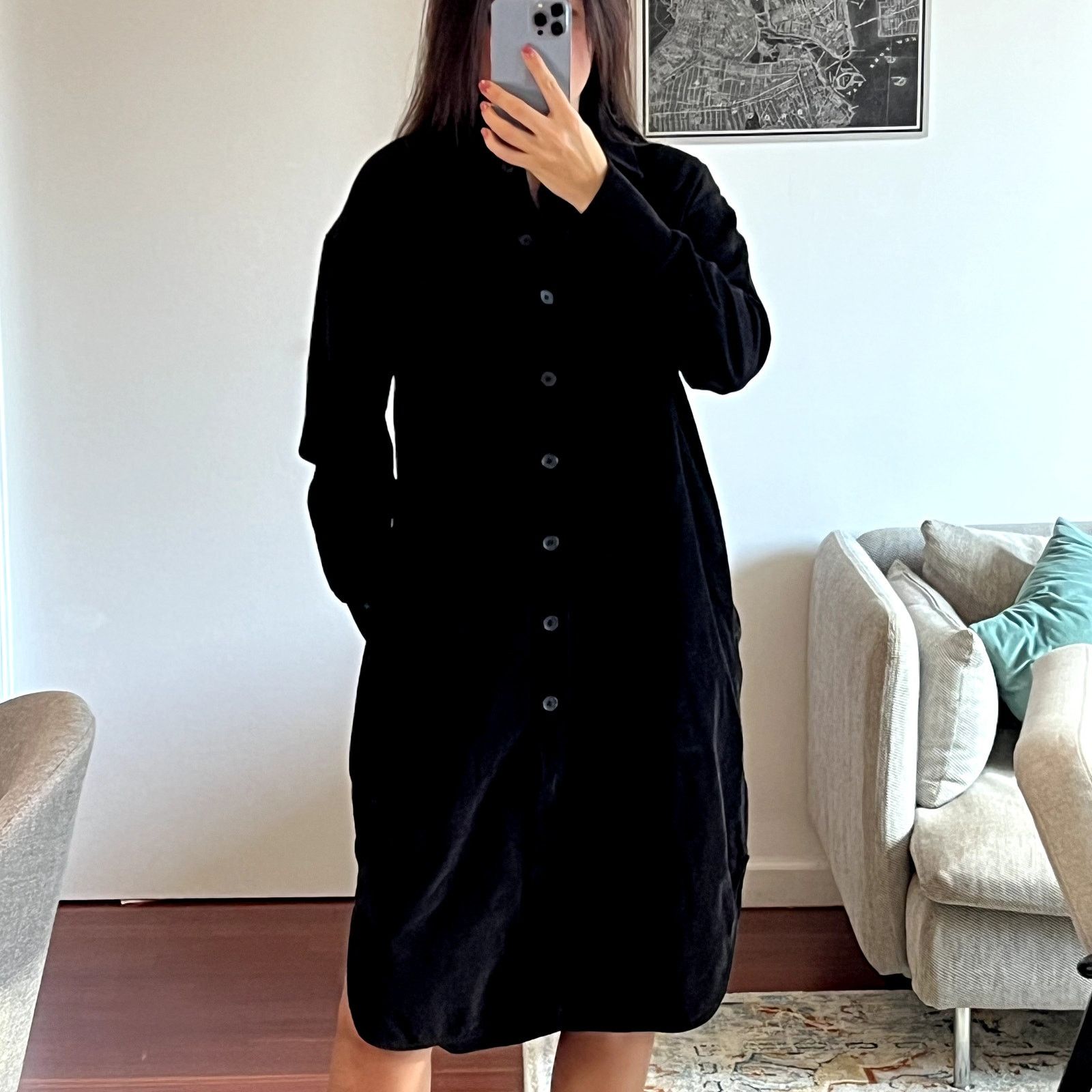 Cos Corduroy Button Down Long Sleeve Shirt Dress in Black