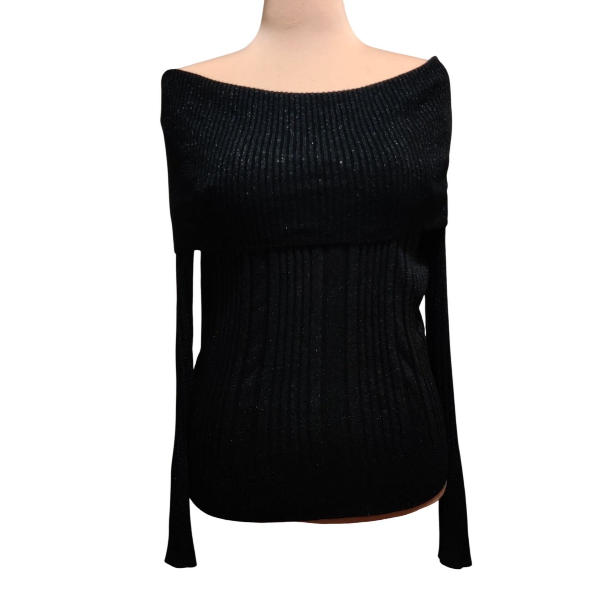 Other GNW L Womens Black Sweater Ribbed Metallic Cowl Neck Stretch Size L / US 10 / IT 46 - 2 Thumbnail
