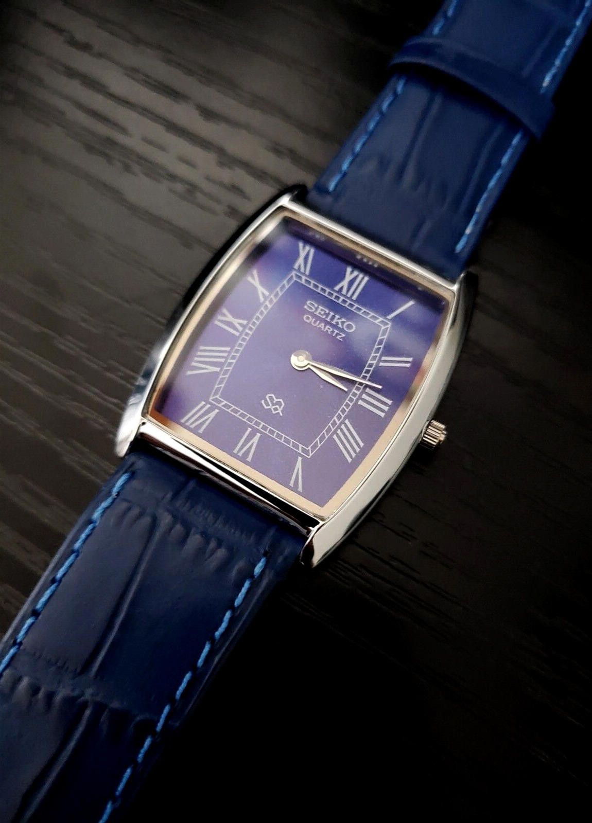 Seiko RARE Seiko SQ Tonneau Tank Men s Blue Leather Watch Grailed