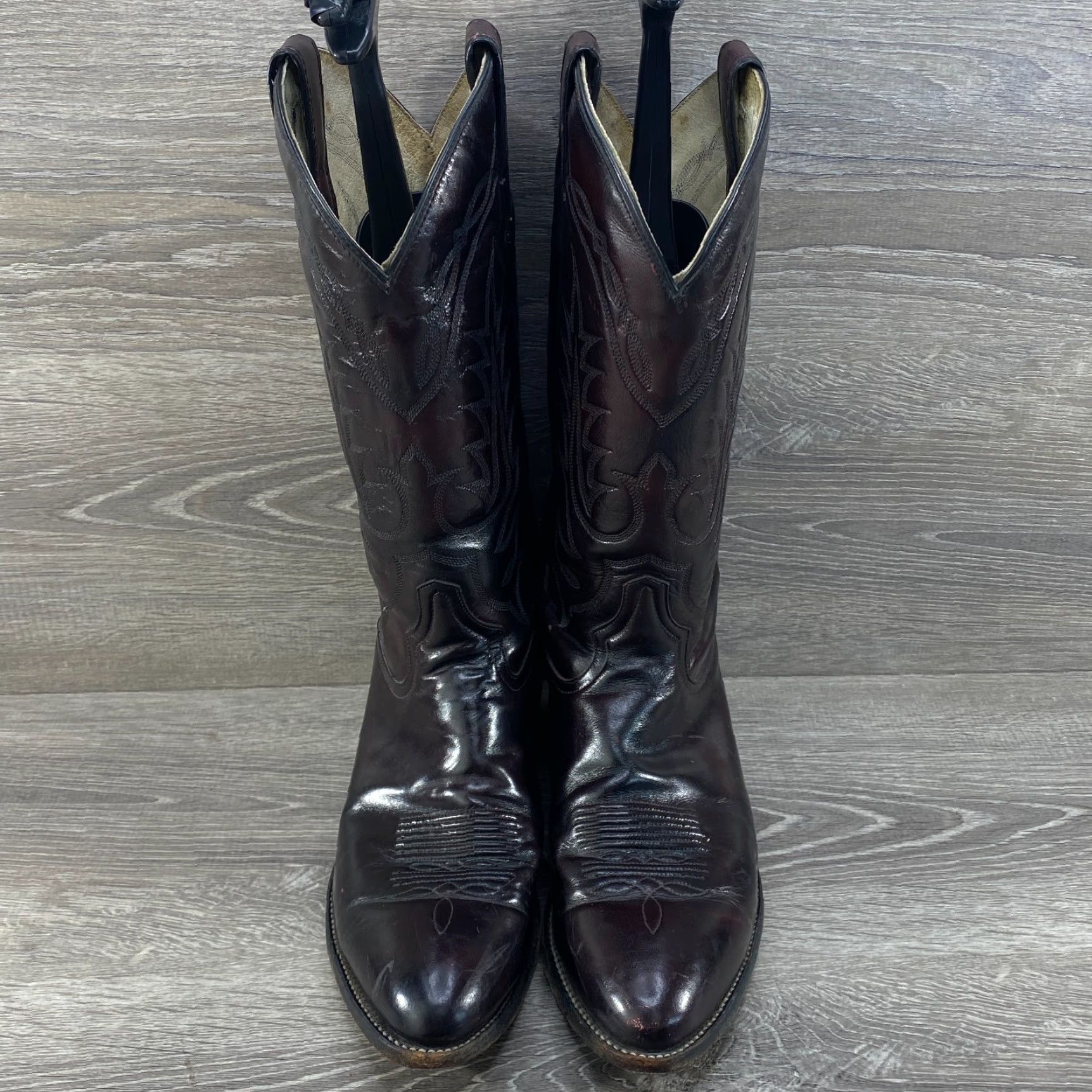 Tony Lama VINTAGE Tony Lama Mens 10.5 Black Cherry Burgundy Leather Cowboy Boots Western Size US 11 / EU 44 - 3 Thumbnail