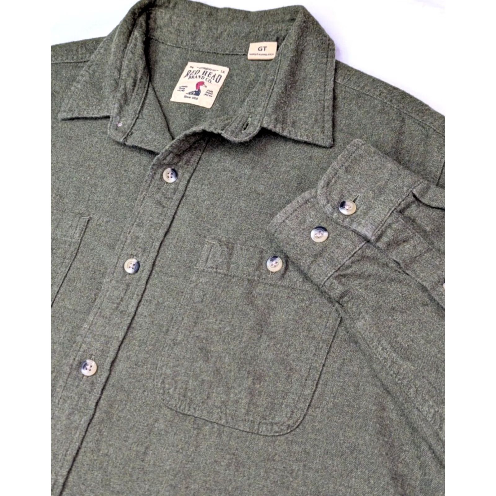 Olive RedHead Button-Up Shirt Flannel Olive Green Mens L Regular Modern 47 in Chest All Seasons Cotton Tie-Dye Pattern Colorful Preppy International Size US L / EU 52-54 / 3 - 2 Thumbnail