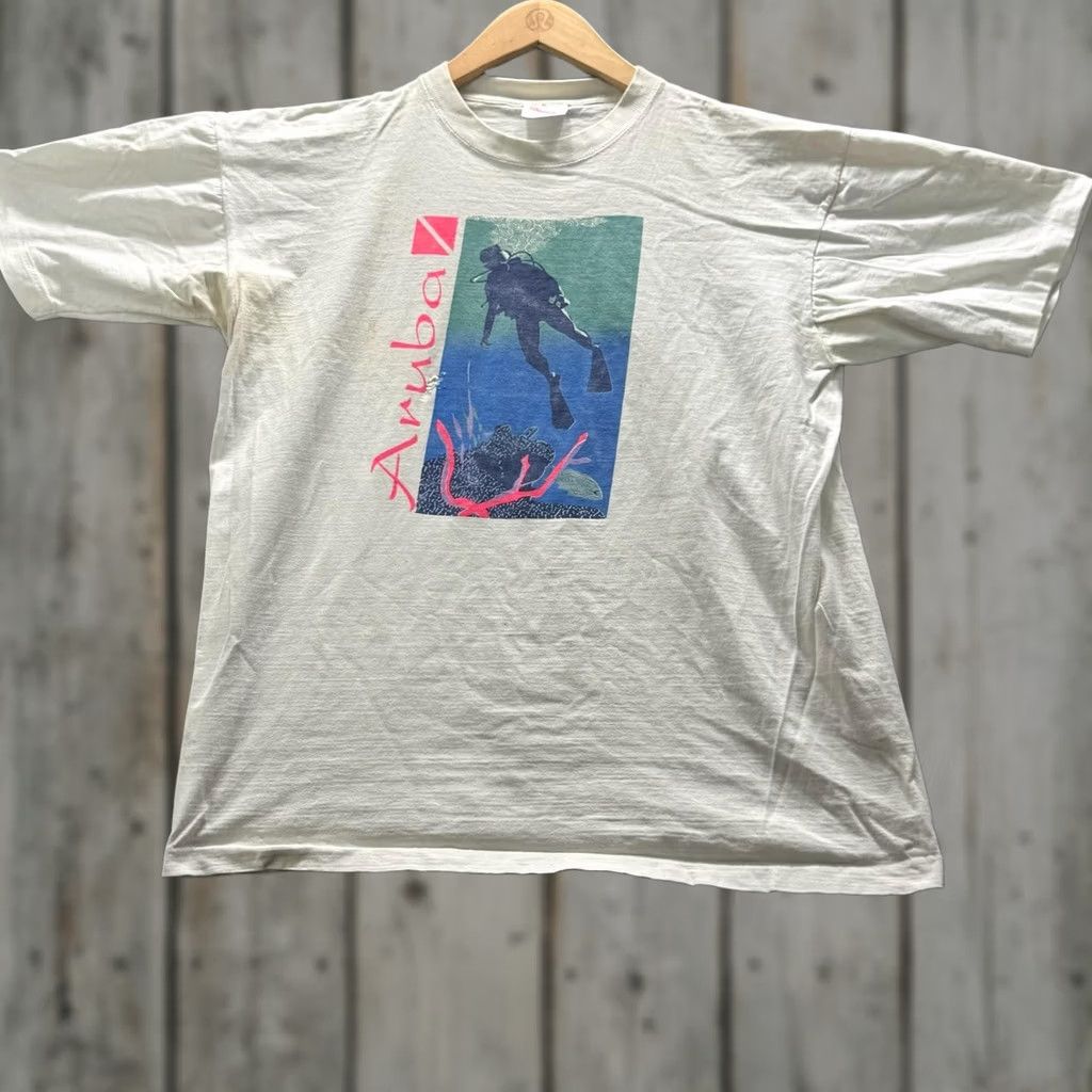 Vintage VTG Aruba Shirt Mens L White Crewneck Graphic Print Cotton Jersey Summer Beach Vacation Scuba Diver Size US L / EU 52-54 / 3 - 1 Thumbnail