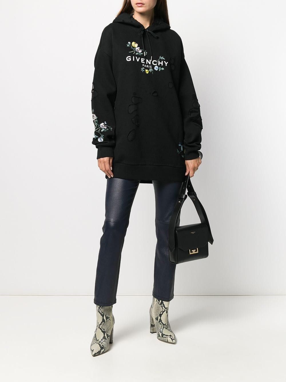 image of Givenchy Black Embroidered Floral Destroyed Logo Hoodie in Pink, Women's (Size XS)